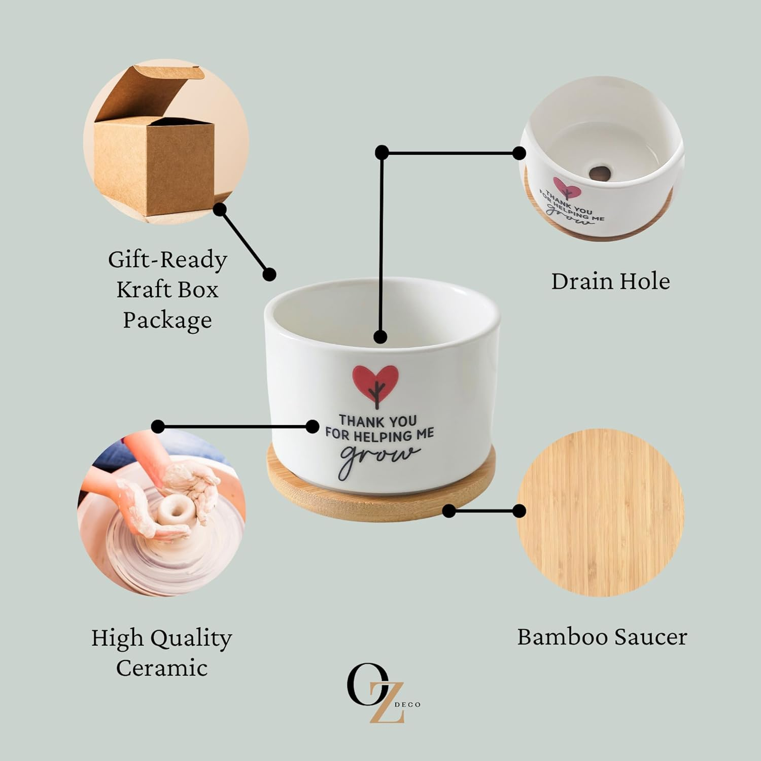 Ceramic Planter Pot with Bamboo Saucer, Thank You for Helping Me Grow Heart Design, Ideal for Succulents, Cacti, and Mini Plants, Teacher Gift image number 5