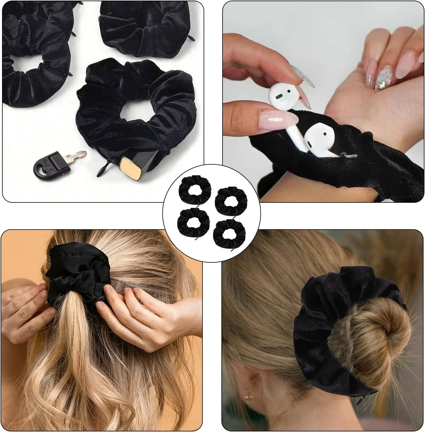 Pack of 4 Black Hair Scrunchies with Zip, Scrunchies Velvet Travel Gadgets for Women, Hair Bobbles with Money Hiding, Valuables Hiding Place, Beach, Hair Bobbles Women'S Velvet Fabric Large For image number 5