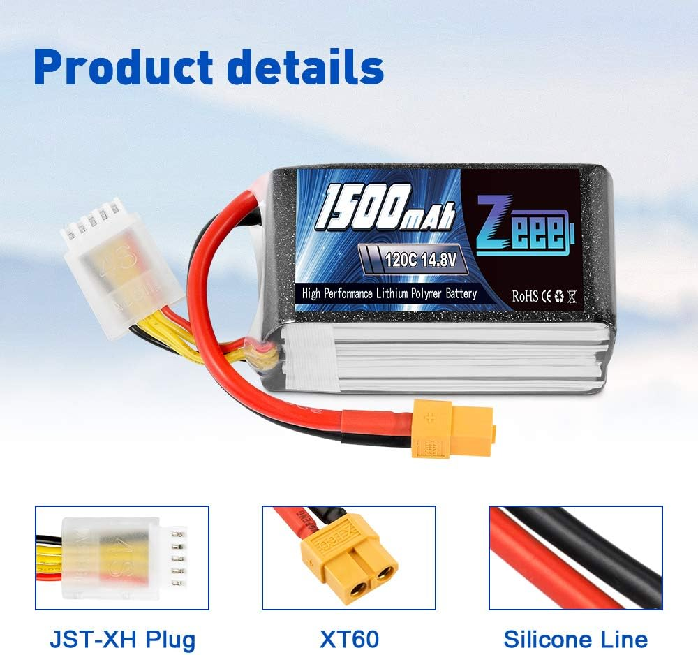 Zeee 4S Lipo Battery 1500Mah 14.8V 120C RC Battery with XT60 Plug for FPV Drone Quadcopter Helicopter Airplane RC Boat RC Car RC Models (2 Pack)