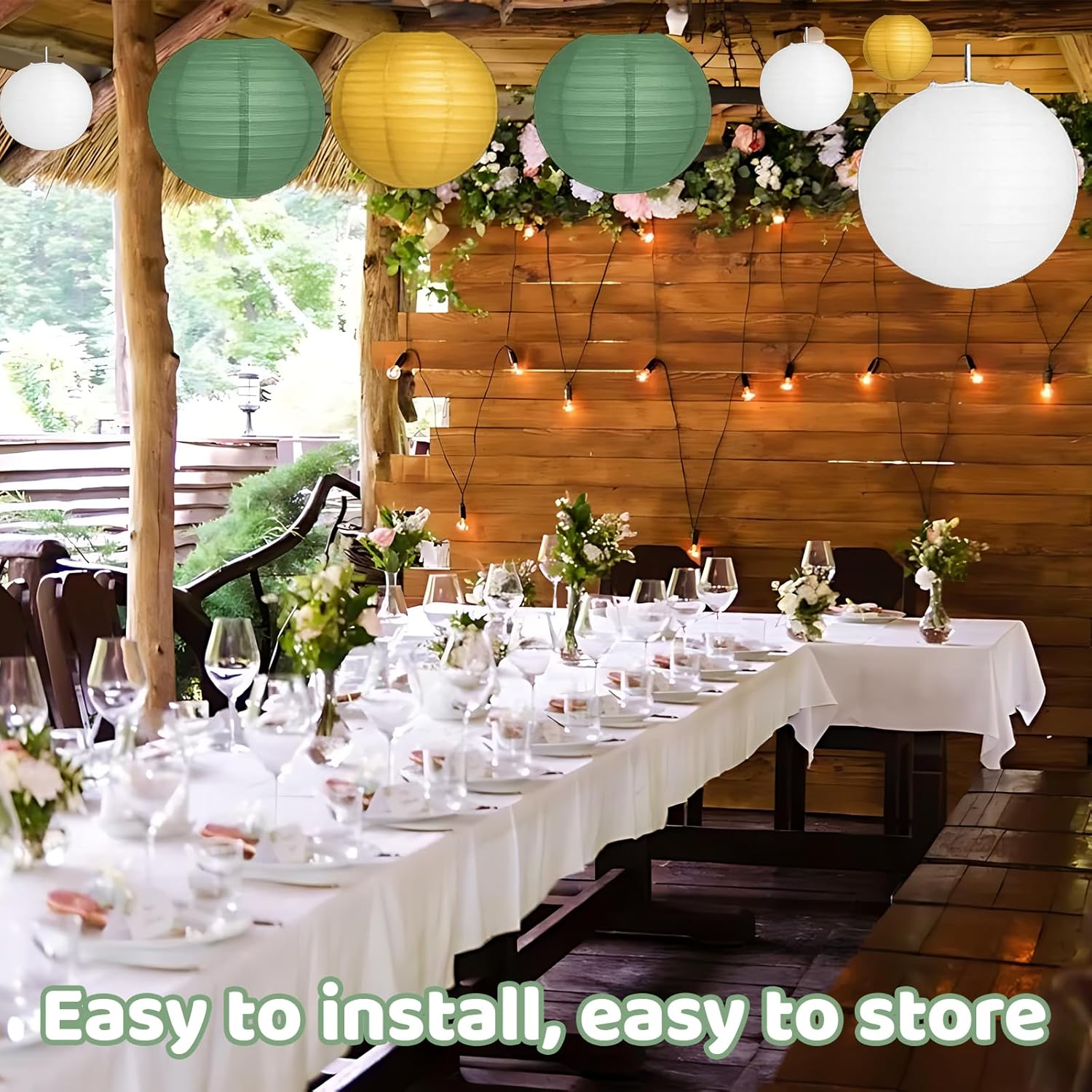 Pack of 12 Paper Lanterns, Lanterns for Wedding Decoration, Garden Party Decoration in White, Green and Gold, Weatherproof Paper Lanterns for DIY Projects and Events