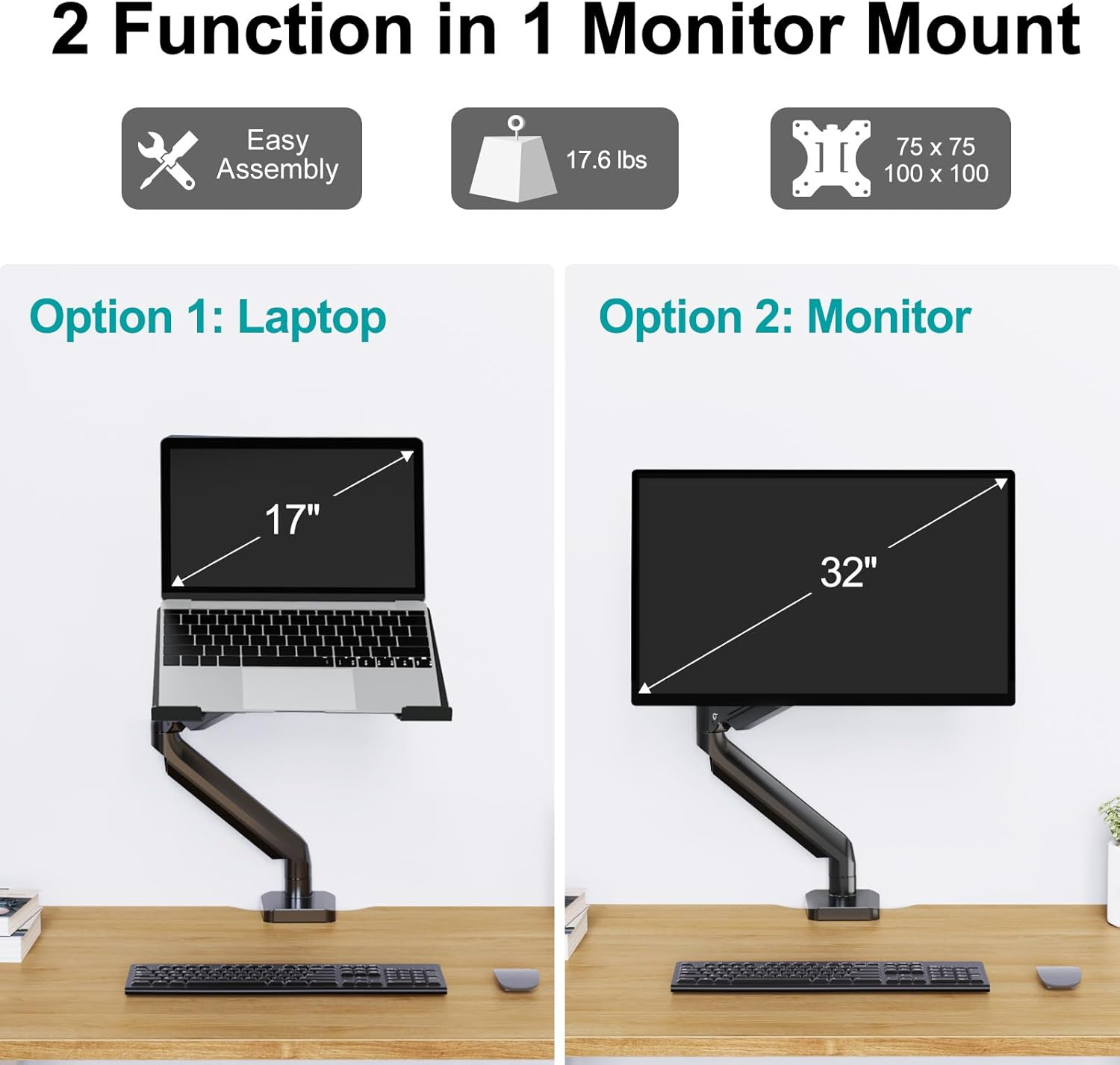 MOUNT PRO Laptop Stand Desk Mount, 2 in 1 Function Monitor Laptop Mount, Aluminum Laptop Arm Fits Max 17" Notebook and 32" Computer Screen, Single Monitor Mount with Laptop Tray, Holds up to 17.6Lbs image number 2