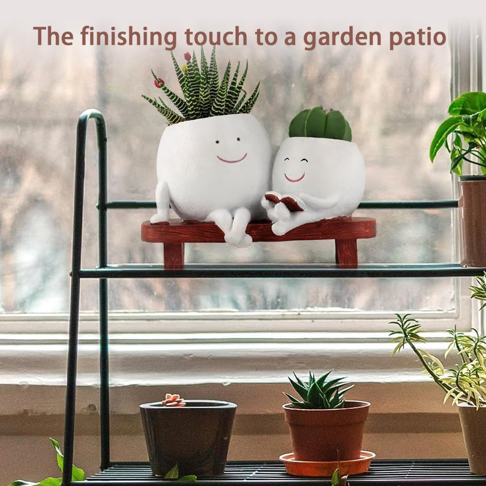 TOMVAES Plant Pots for Succulent Planter,Decorative Double Smiley Face Indoor Plant Pots,Resin Flowerpot,Bonsai Pot Desktop Ornament,Desk Decor Succulent Pot for Patio,Yard,Living Room (White) image number 4