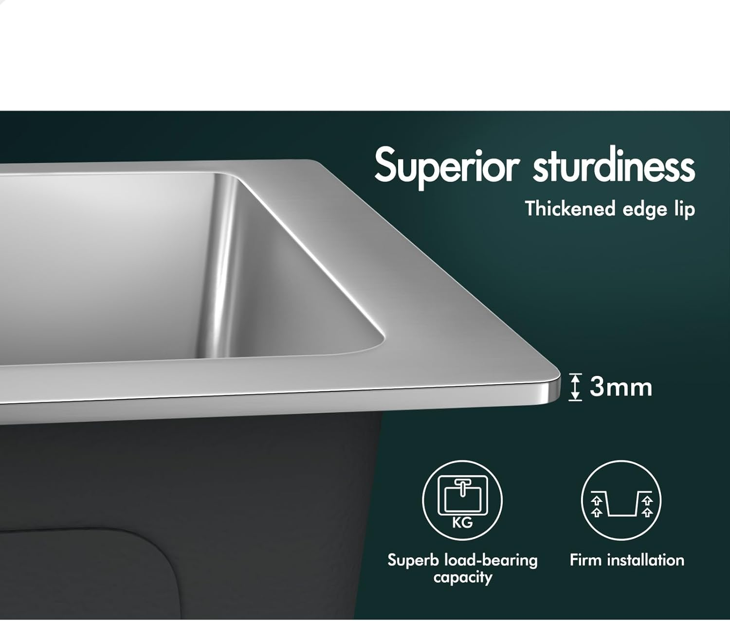 ALFORDSON 304 Stainless Steel Kitchen Sink Rectangle Shape, 450 X 300 X 220Mm, Water Basin Sinks with 3Mm Thick Edge, Single Spacious Bowl with Waste Strainer, Dishwashing Workstation, Silver Color - Silver image number 2