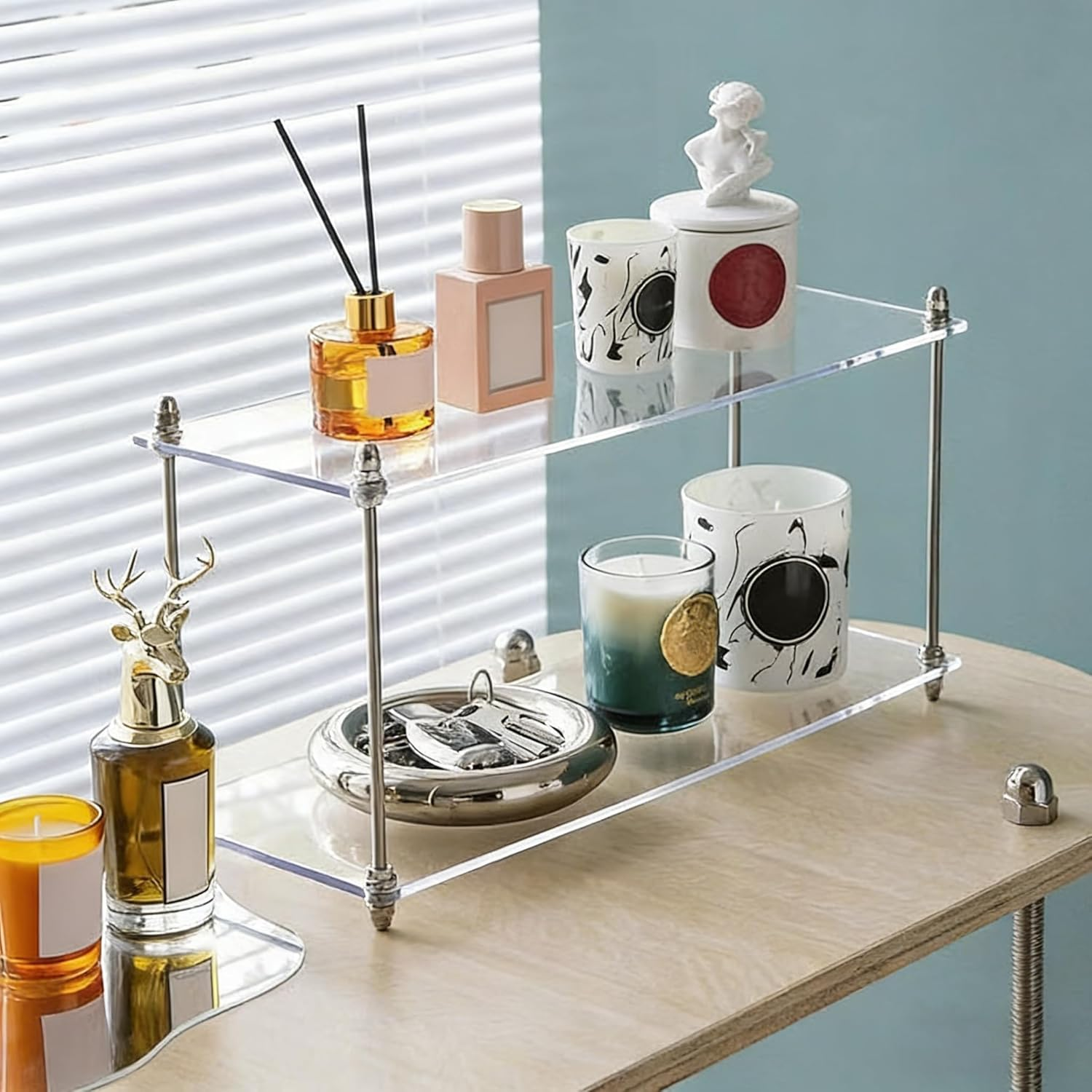 Hbluefat Acrylic Desktop Organizer Shelf, Multi-Tier Storage Display Rack, Clear Dresser Make up Perfume Shelving Unit for Home, Office, Bathroom, Countertop Organization (2-Tiers)