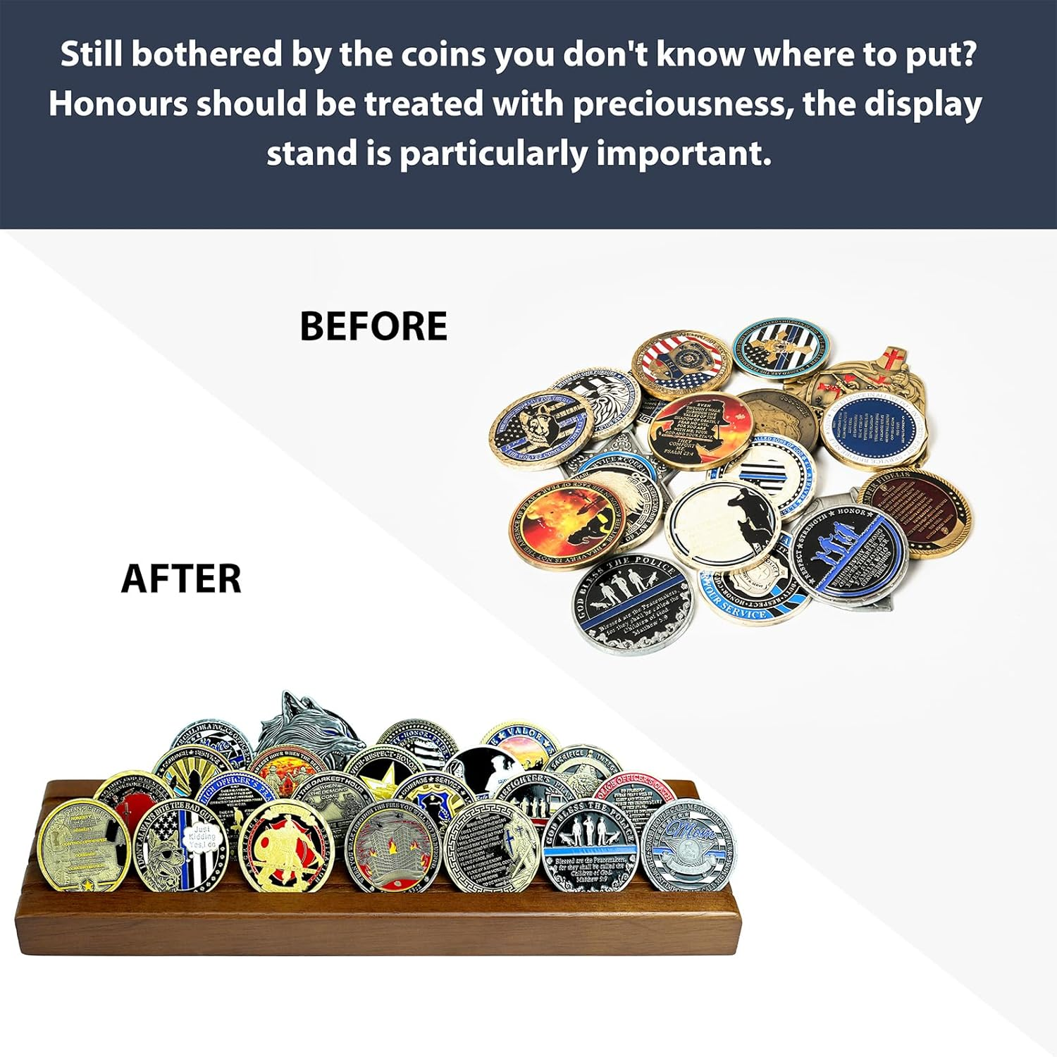 Challenge Coin Display Stand 4 Rows Wooden Military Coin Holder Rack Case Holds 30 Coins, Walnut Finish image number 6