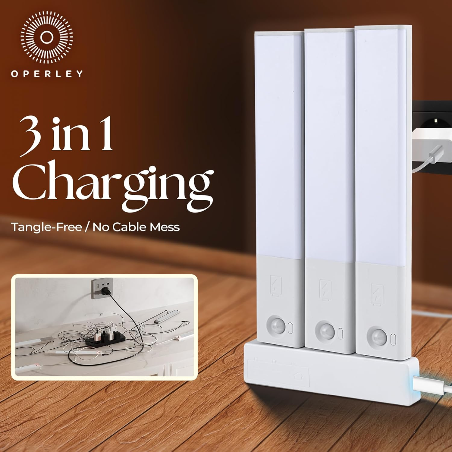 Operley Rechargeable under Cabinet Lighting 3 Pack with Charging Station, Motion Sensor LED Light Bars,1200Mah, 3 Color Temps Warm Cold Natural, Dimmable for Kitchen & Closet image number 1