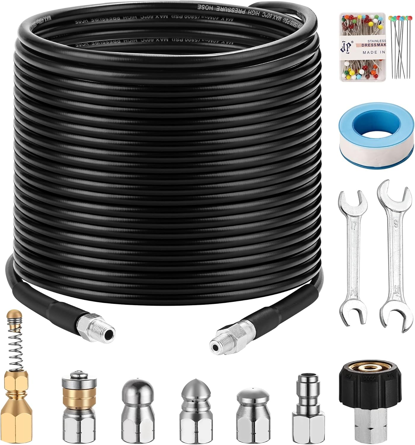 Pressure Washer Sewer Jetter Kits,100Ft X1/4" Hydro Drain Jetter Cleaner Hose, Rotating and Button Nose Sewer Jetting Nozzles Waterproof Tape,Orifice 4.0 4.5,1/4 Inch NPT,5800 PSI image number 2