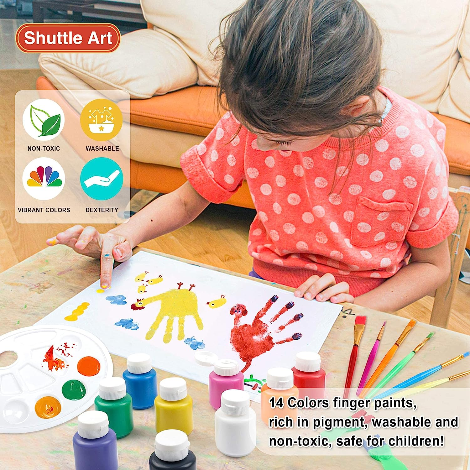 Shuttle Art Washable Finger Paint Set, 14 Colours Kids Paint Set with Brushes, Finger Paint Pad, Sponge, Palette, Smock, Nontoxic for Toddlers Home Activity Early Education image number 3