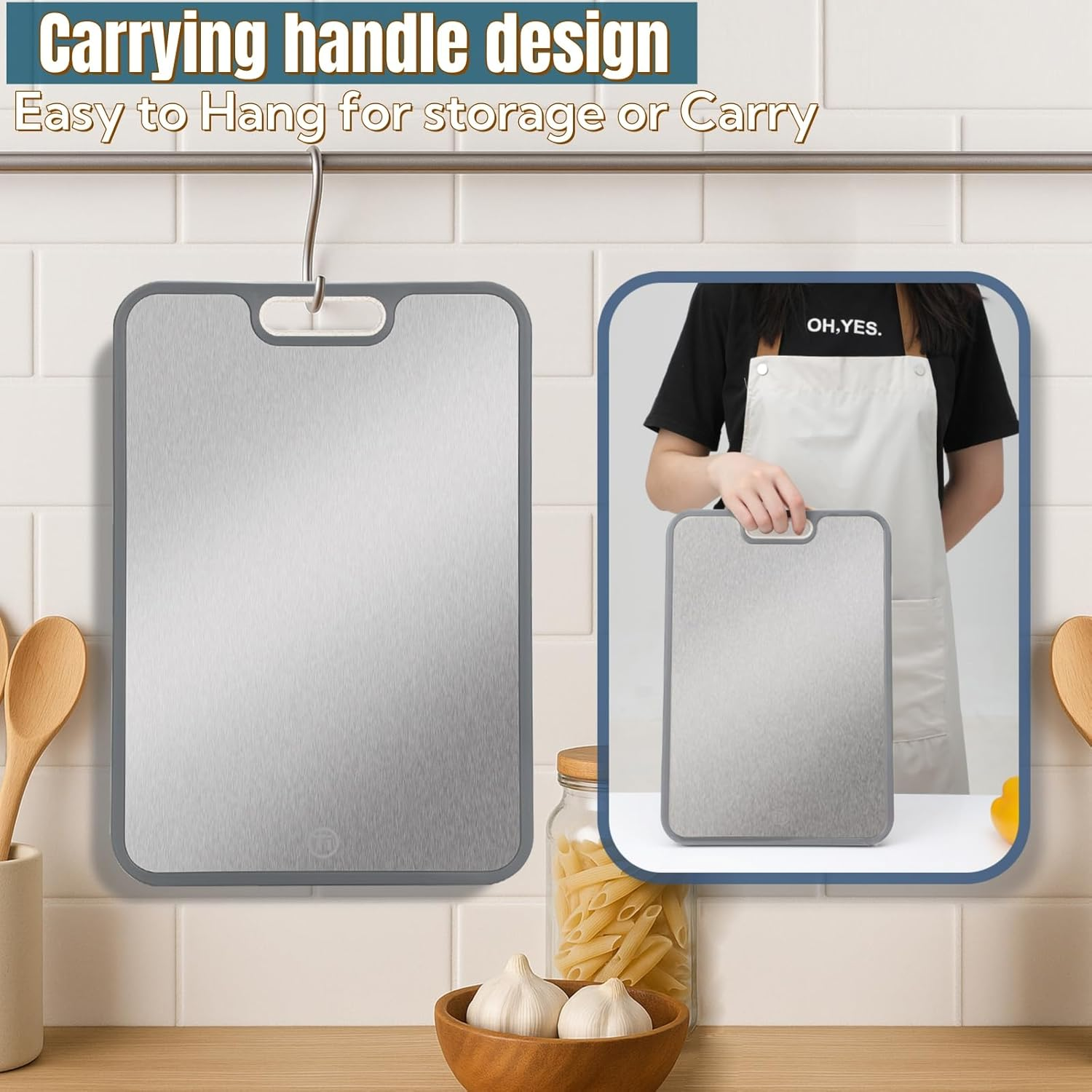 CHDEXU Titanium Chopping Board for Kitchen, Double Sided Cutting Board for Meat Vegetables Fruit, 38.5X26.5Cm Large Titanium Cutting Board with Handle Easy to Clean image number 4