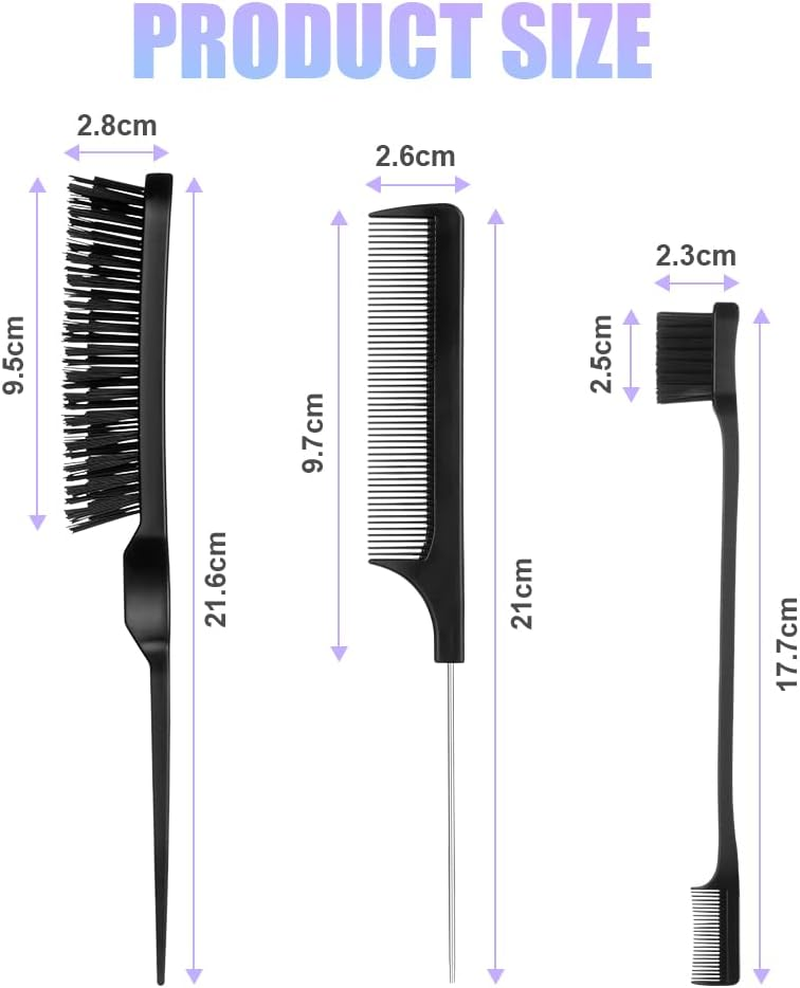 AOOWU 3 Pcs Slick Brush Set, Volume Creating Teasing Brush Set, Hair Styling Comb Set Include Bristle Hair Brush Double Sided Edge Brush Rat Tail Comb for Women Kids Edge Back Hair Smoothing (Black) - Black image number 2