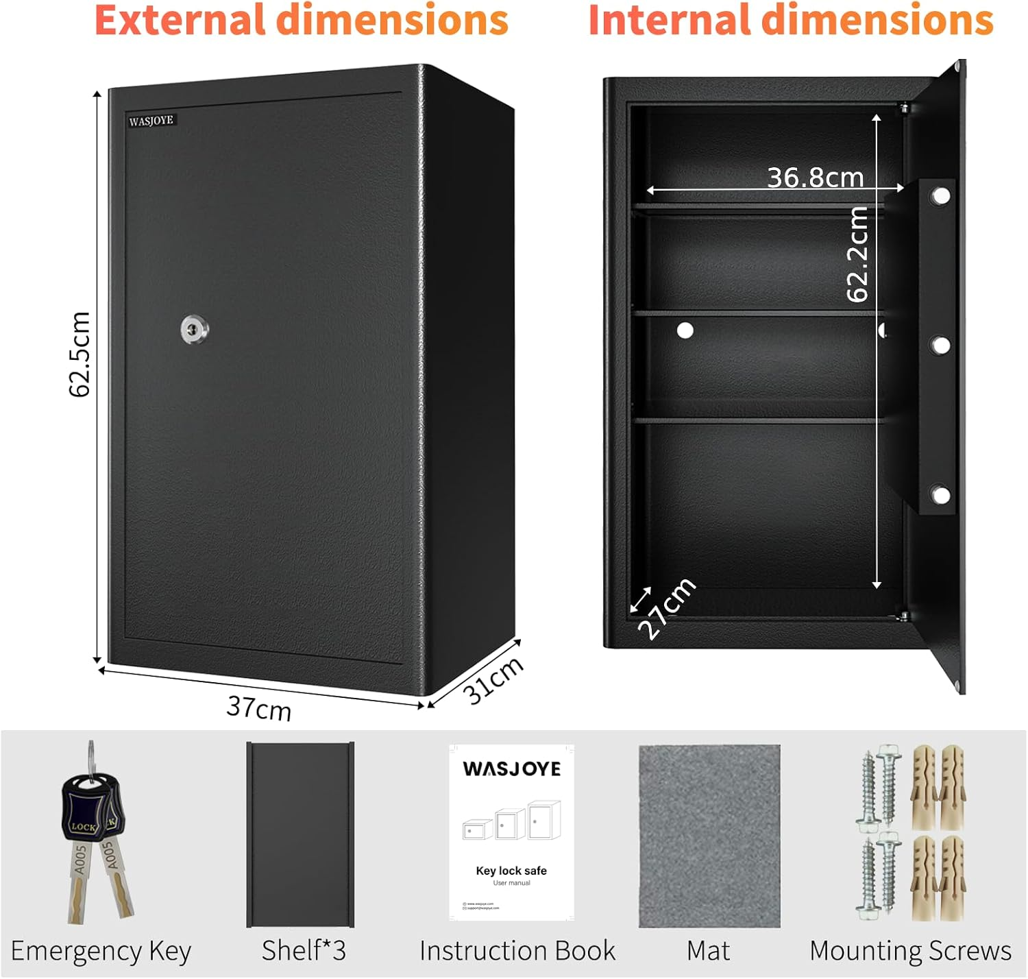 WASJOYE Safe Lock Box Wite Keys, High Security Safety Box, 72L Steel Lock Safes for Home/Office, Cabinet Keys Safe Lock Box for Money Cash Jewelry Medicine Document, 62.5 * 37 * 31CM