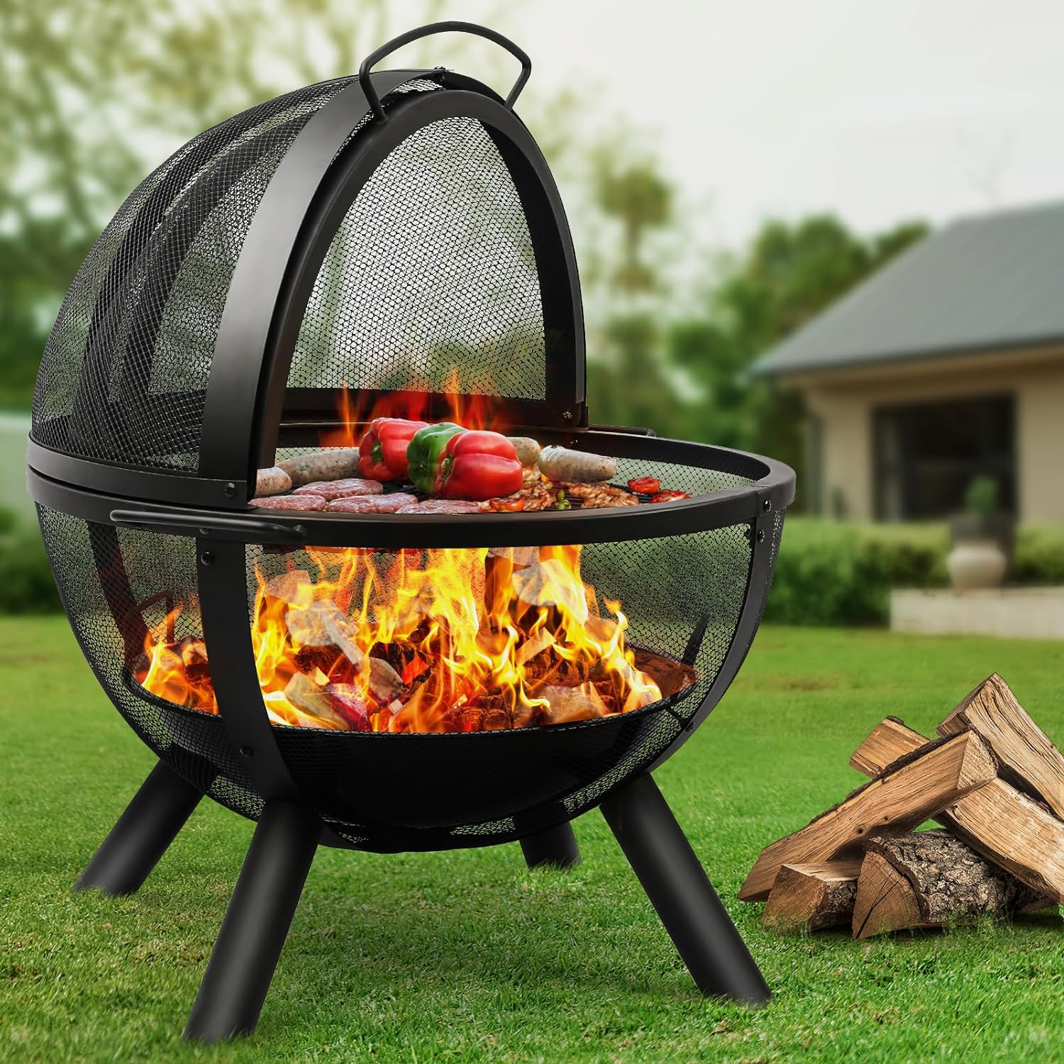 Ikuby Ball of Fire Pit Fire Ball with BBQ Grill Fire Globe Pit Large round Fire Pit,Patio Fire Pit Fireplace for Camping, Heating, Bonfire and Picnic, Black, 33.85*32.67*35In, (BLKFP-001) image number 4