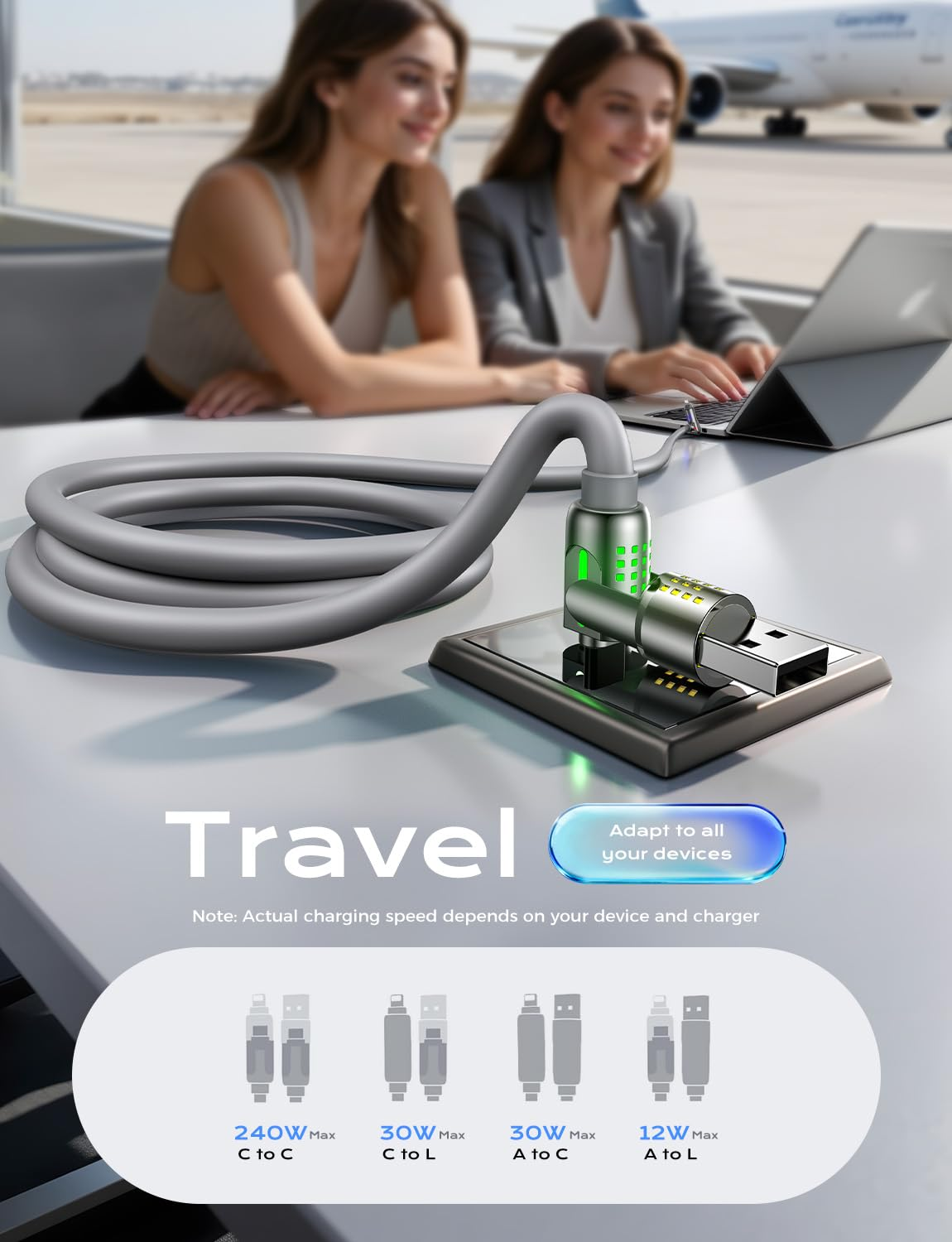 MAGIC JOHN 240W 4 in 1 USB C Cable, USB Charging Cable with Breathing Light, Fast Charging & Data Sync Silicone Multi Charging Cable for Iphone Ipad Samsung Laptop Multi Device Charging, 1.2M (Gray)