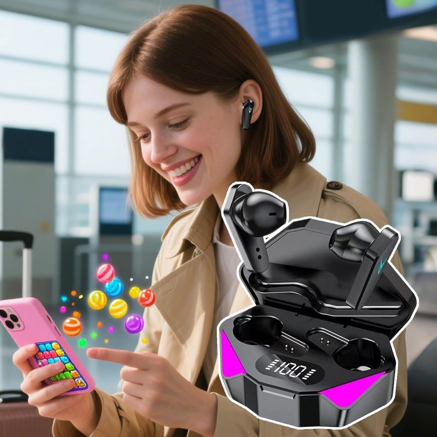 Nankoyal Wireless Ear Buds - Game Earphones | Low Latency Earpiece with Battery Display Charging Case Headphones for Sports Women Men Phone Gym Running image number 2