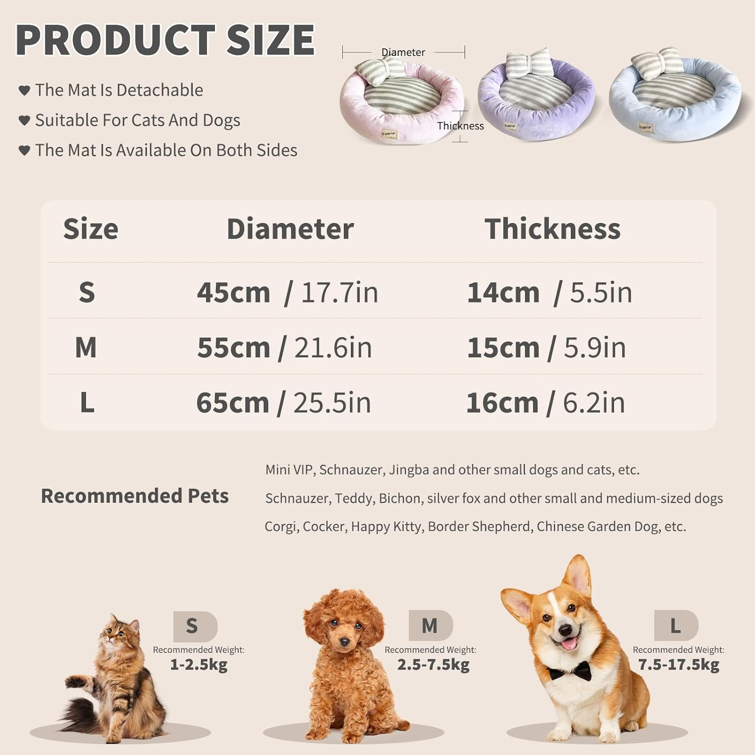 PETCUTE Dog Bed Cat Bed Washable Dog Sofa round Cushion Bed Faux Suede Pet Bed for Large Medium Small Dogs Cats (M-55 X 15 Cm, Pink) image number 5