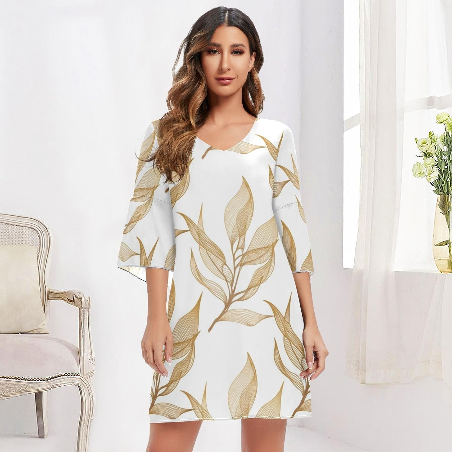 Leaf White Short Summer Dress 3/4 Sleeve Maternity Dress Party S-XXL image number 4