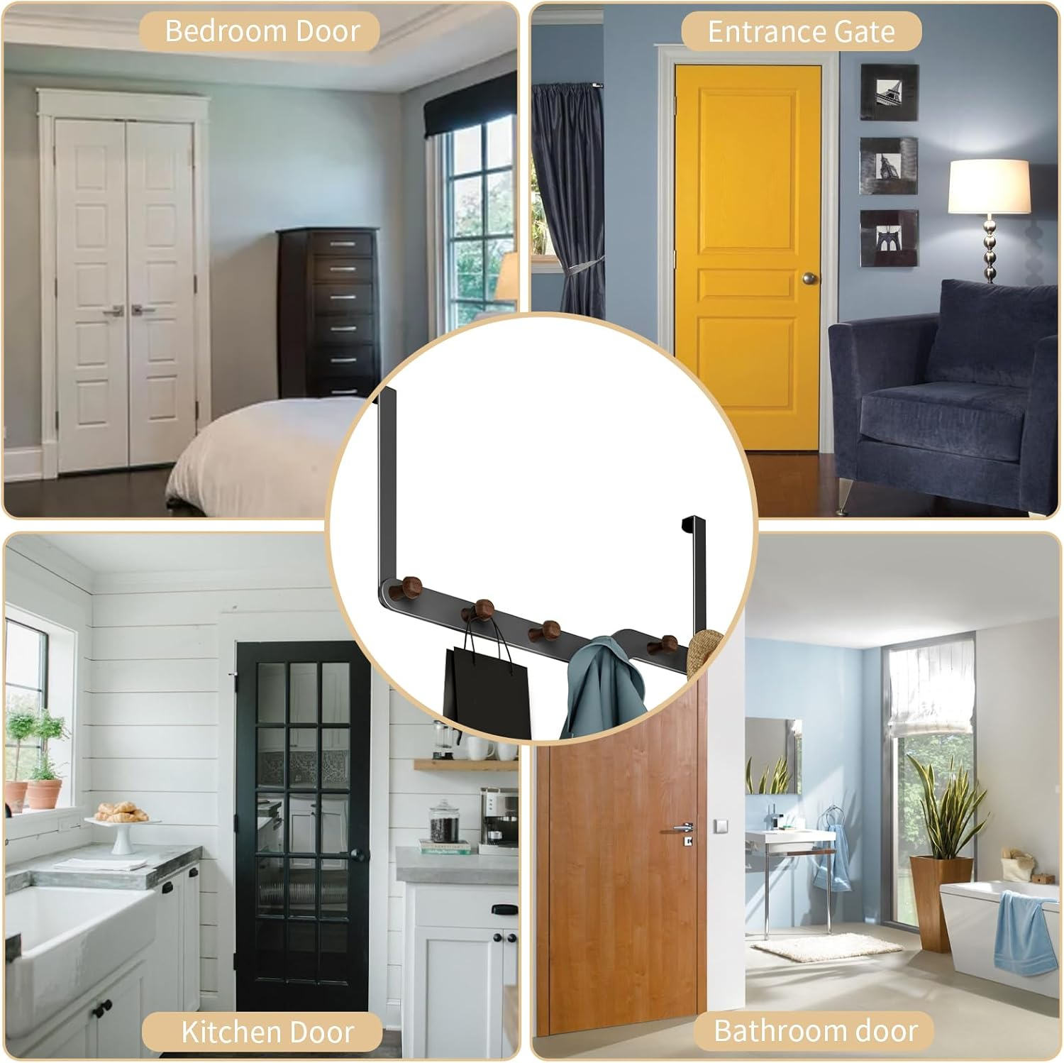 Over the Door Hooks Hanger for Clothes with 6 Wooden Door Hooks Sturdy Towel Rack Heavy Duty Coat Hooks on Back of Bathroom Bedroom Closet Doors for Hanging Clothes Hat Towels Umbrellas Key (Grey) image number 6