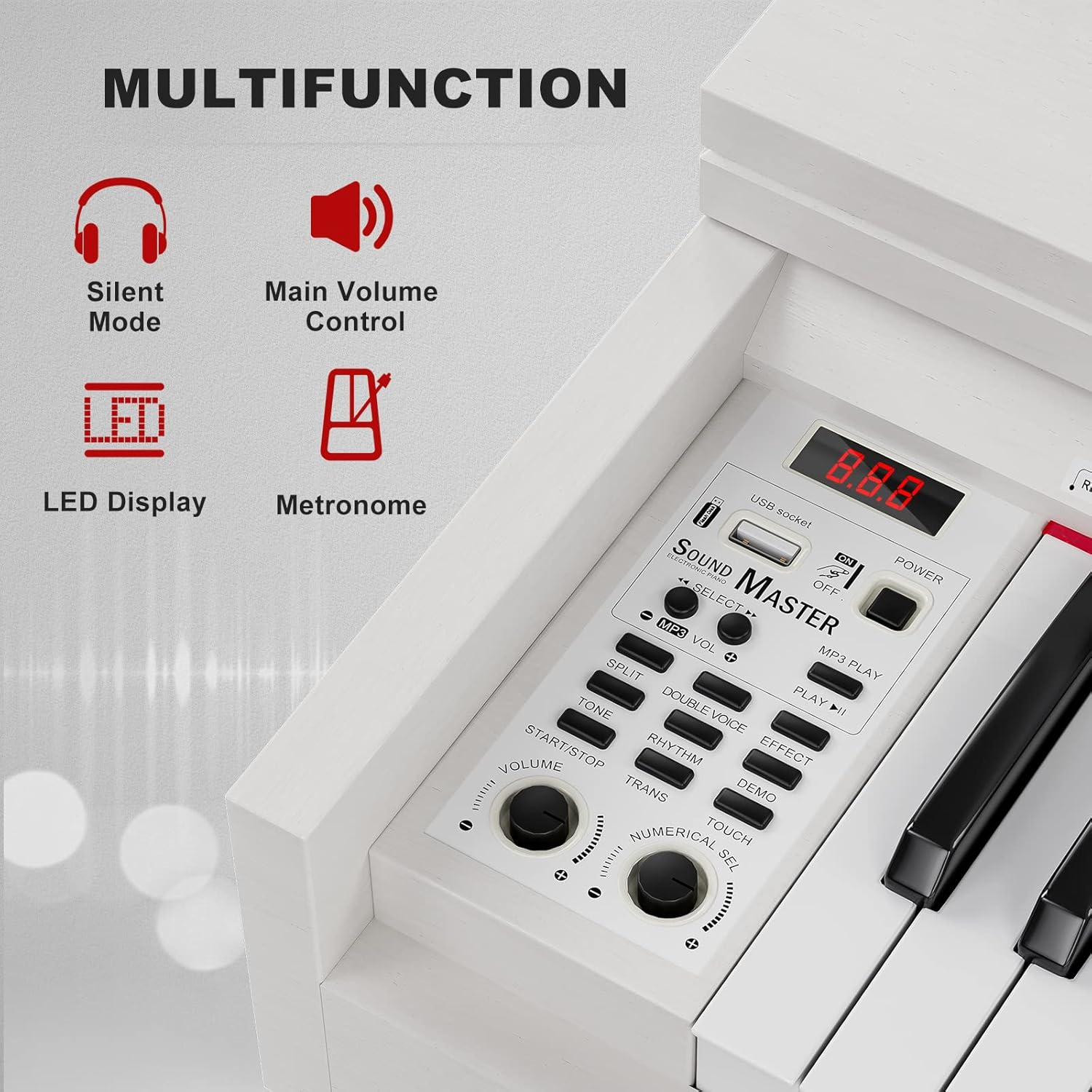 88 Key Hammer Weighted Digital Piano with Bench, UMOMO UMP-716 Beginner Electric Piano Keyboard with USB & MIDI, White - Black image number 6