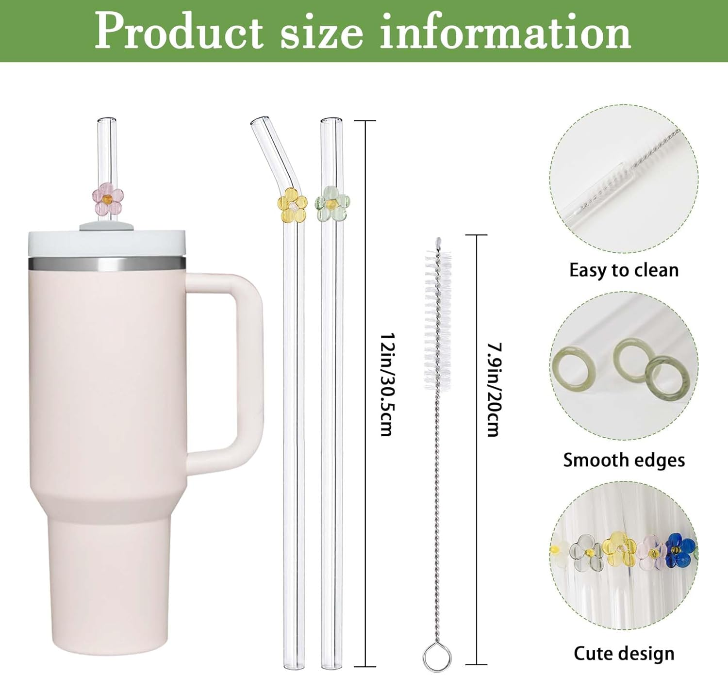 6 Pack Replacement Glass Straws for Stanley 40 Oz 30 Oz Tumbler, Cute Flower Glass Straws with Charms, Stanley Straw with Cleaning Brush Stanleys Cup Accessories - Flower image number 4