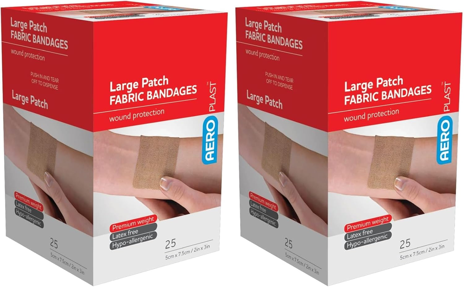 AEROPLAST Premium Fabric Large Patch, Fabric Plasters, Breathable Strong Adhesion Hypo‑Allergenic Latex‑Free, Sterile Individually Wrapped for Wound Protection, 7.5 Cm X 5 Cm, Box of 25 image number 1