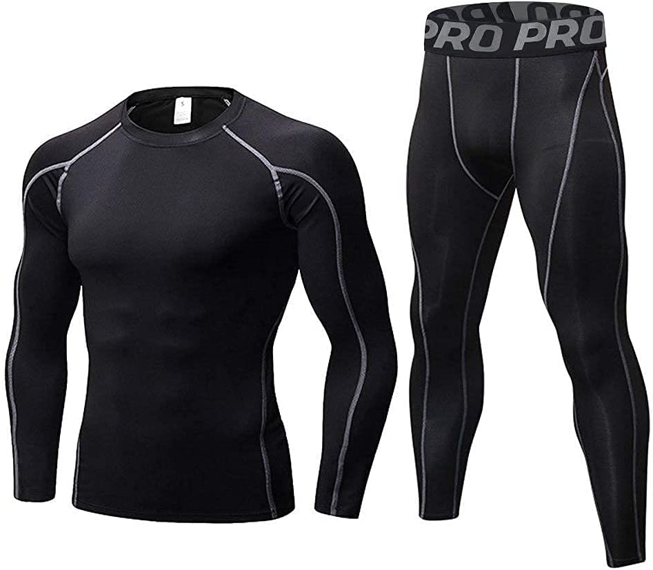 Mens Workout Compression Set Pants and Long Sleeve Shirts Winter Warm Thermal Base Layer Top & Bottom