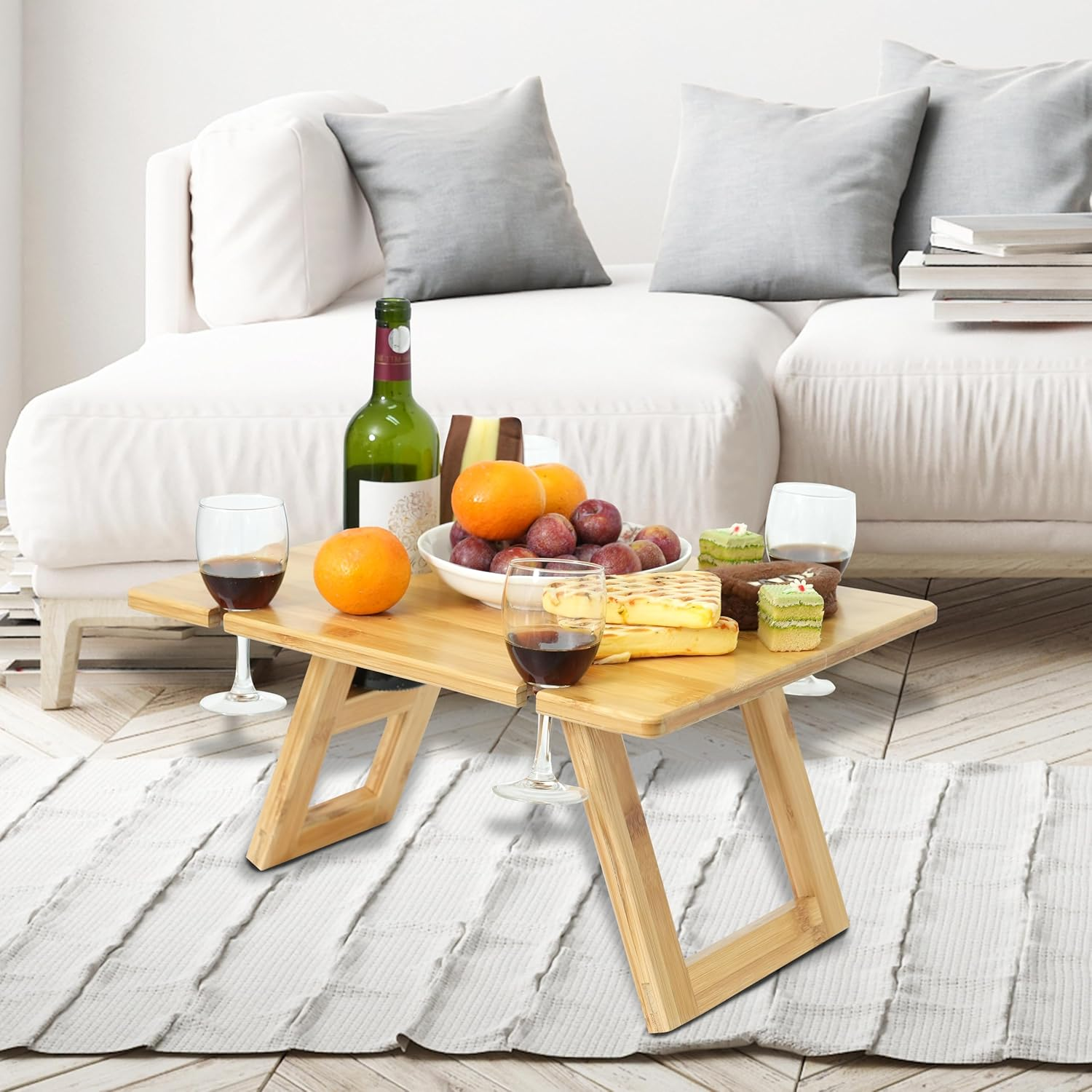 Portable Picnic Table, Foldable Table with Wine Bottle and Wine Glass Holders, Bamboo Tray Table for Camping, Beach, Park Picnic, Indoor/Outdoor Dining Table image number 2