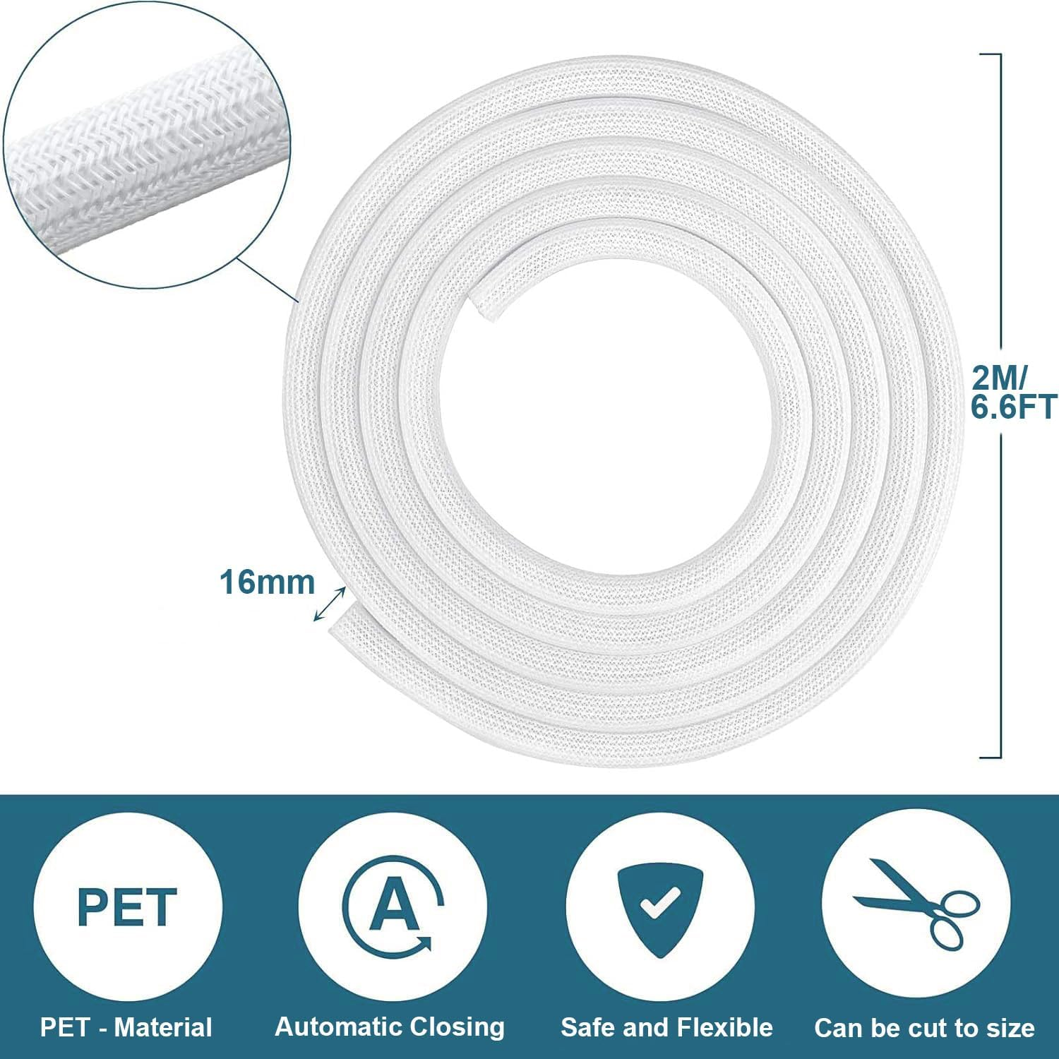 6.6Ft - 1/2 Inch Braided Cable Sleeve, Cord Wrap Cord Protector Tubing for Pets, PC Cable Wrap Wire Loom, Cable Management Sleeve for Tv/Computer/Home Theater/Engine Bay (6.6Ft-1/2In-White) image number 6