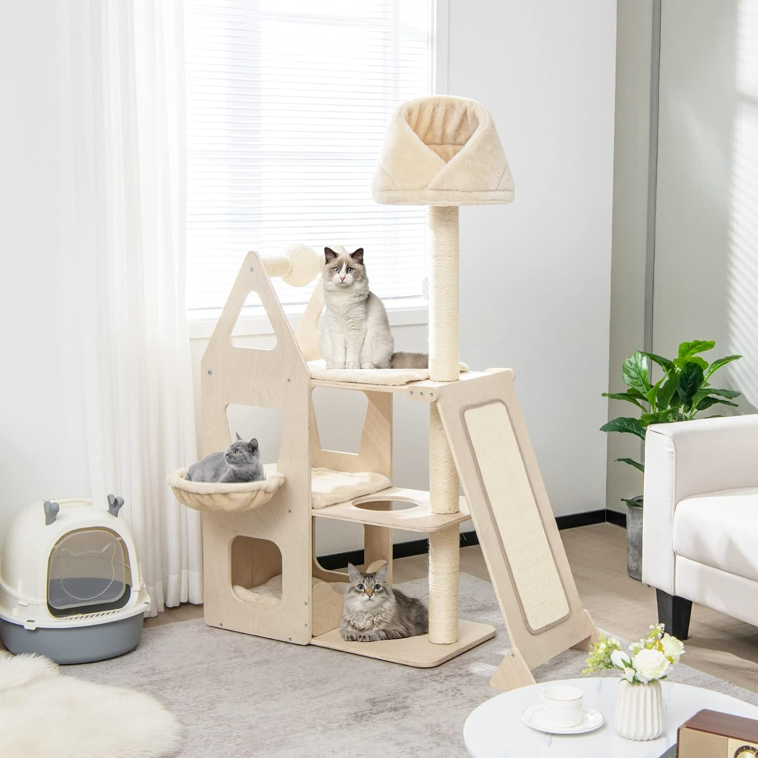 Costway Multi-Level Wood Cat Tree, Cat Tower with Sisal Scratching Post, Ball & Board, Plush Condo, Platforms, Padded Perch, Cozy Hammock, Kitten Condo Furniture for Rest & Fun, Beige image number 3