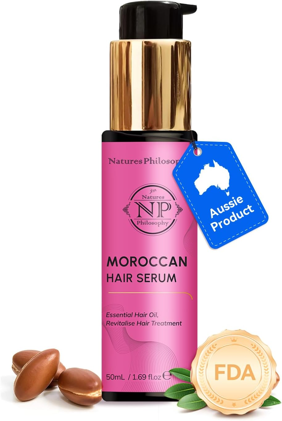 NP NATURES PHILOSOPHY Moroccan Argan Oil - Hair Serum Organic, Anti-Frizz, Repairs Damaged Hair, Adds Shine for All Hair Types Aussie Allergy-Free Moroccan Oil Hair Products 1.69 Fl Oz