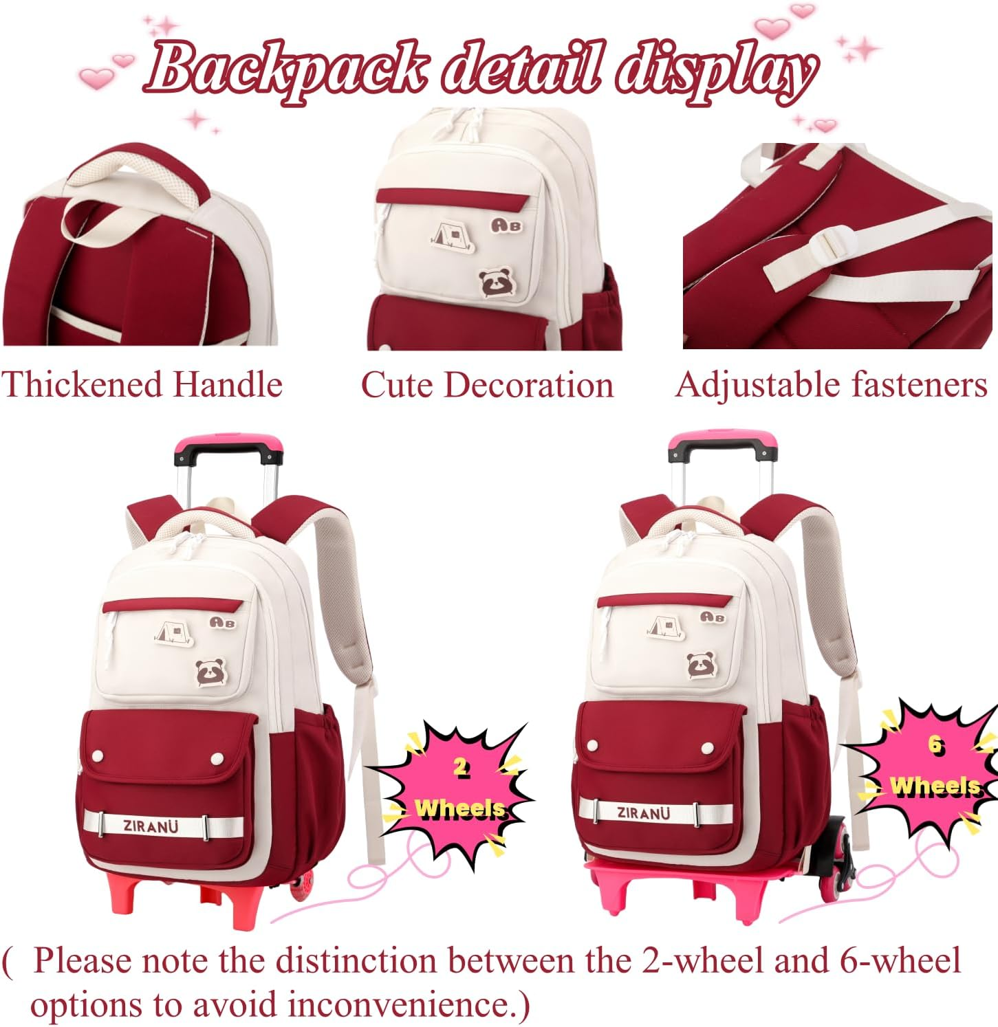 EKUIZAI Trolley Backpack for Girls Middle Kids School Bags with Wheels Rolling School Bags for Teen Girls image number 3