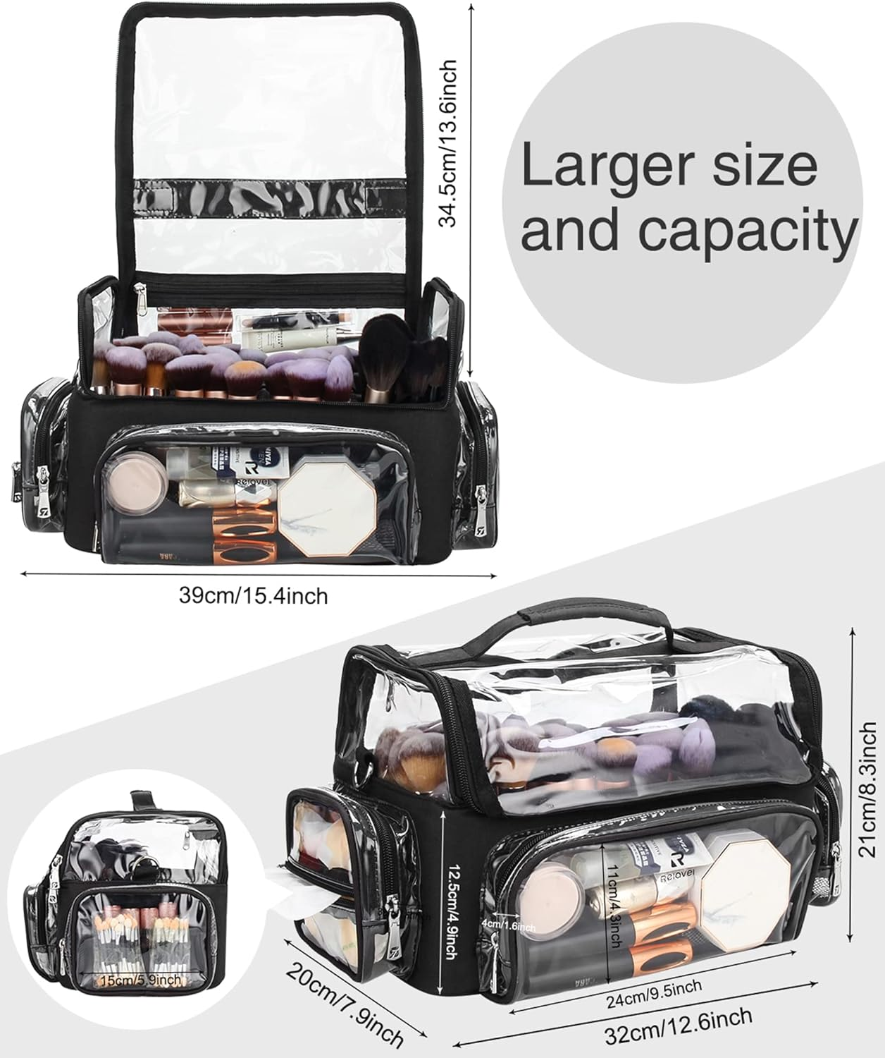 Relavel Makeup Brush Case - Extra Large, Professional Makeup Brush Holder Makeup Artist Travel Case Clear Waterproof Cosmetic Organizer Bag with Adjustable Strap and Dividers, Full Open Easy To image number 6