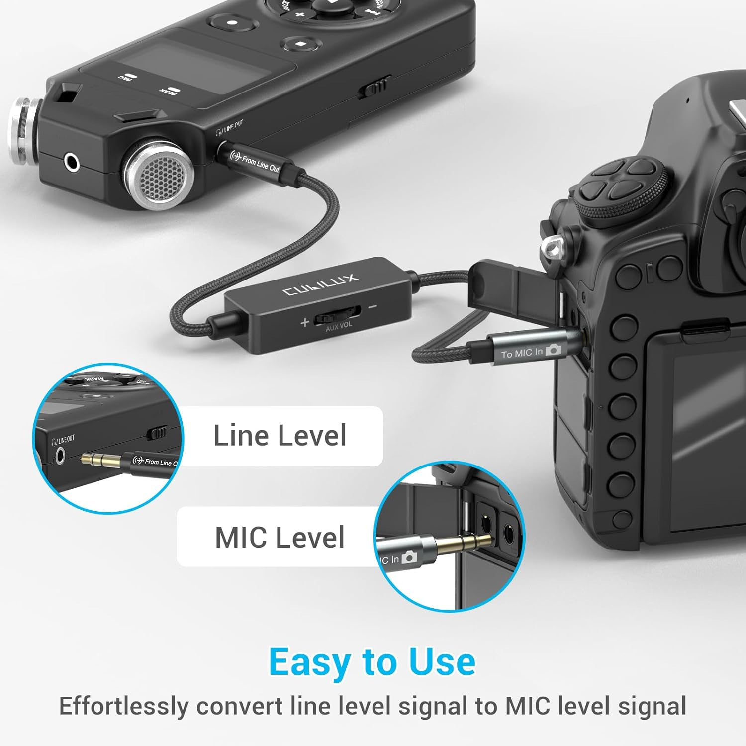 Cubilux 3.5Mm Line Level to Microphone Level Attenuator Cable, 1/8-Inch TRS Line Out to MIC in Attenuation Cord for DSLR Camera Camcorder Recorder, 30Cm image number 4
