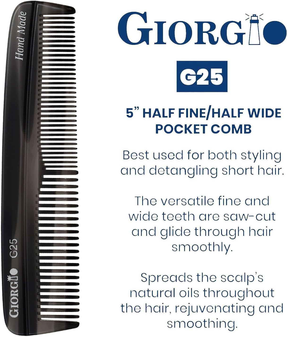 Giorgio G25 Finetooth and Widetooth Pocket Comb - Hair Styling Comb for Men and Women, Handmade Beard Combs for Men, Barber Combs, for Grooming,Saw Cut and Polished (Black Graphite) image number 6
