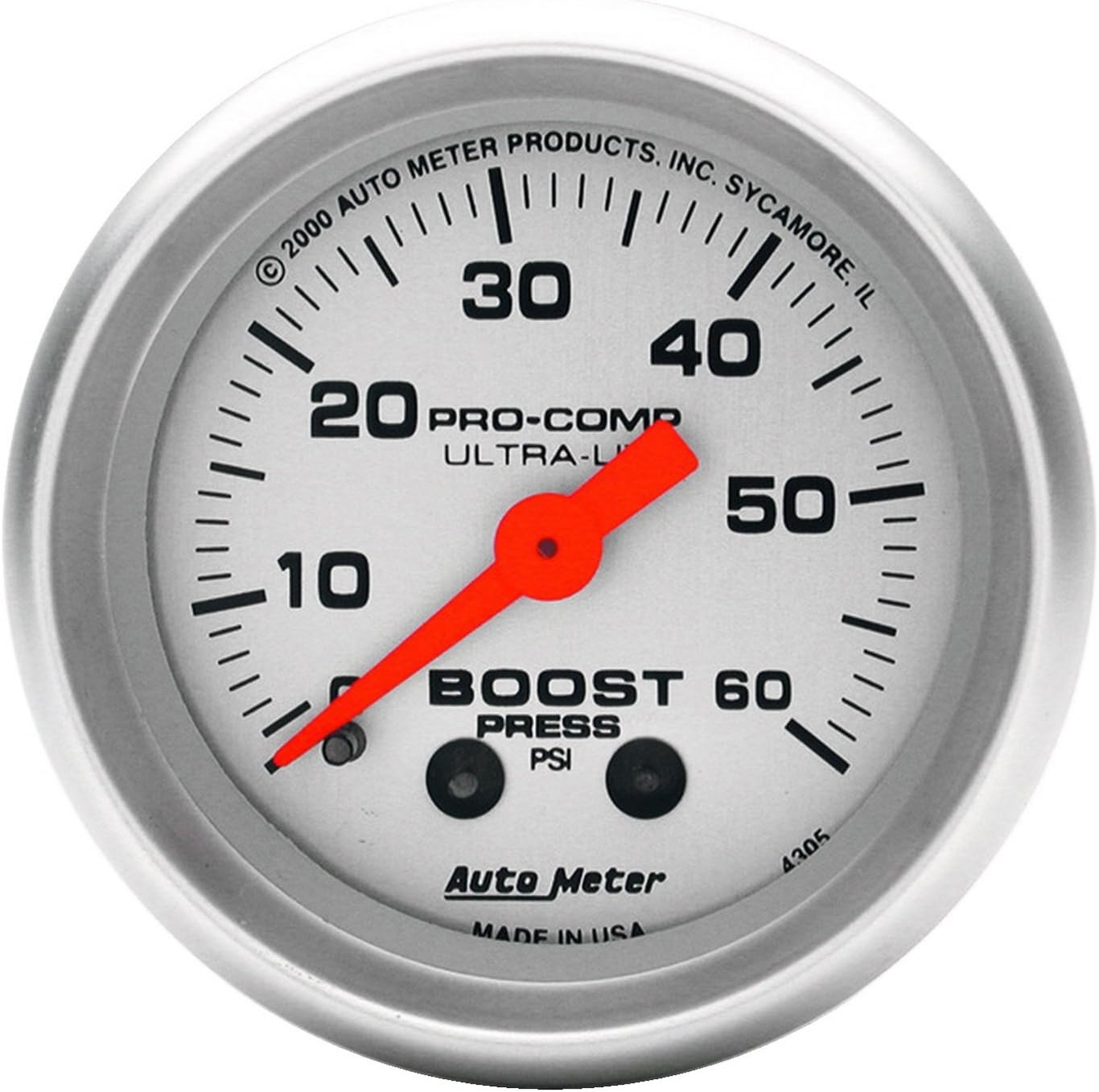 Autometer Gauge, Ultra-Lite, Boost, 2 1/16 In., 60Psi, Mechanical, Analog, Each
