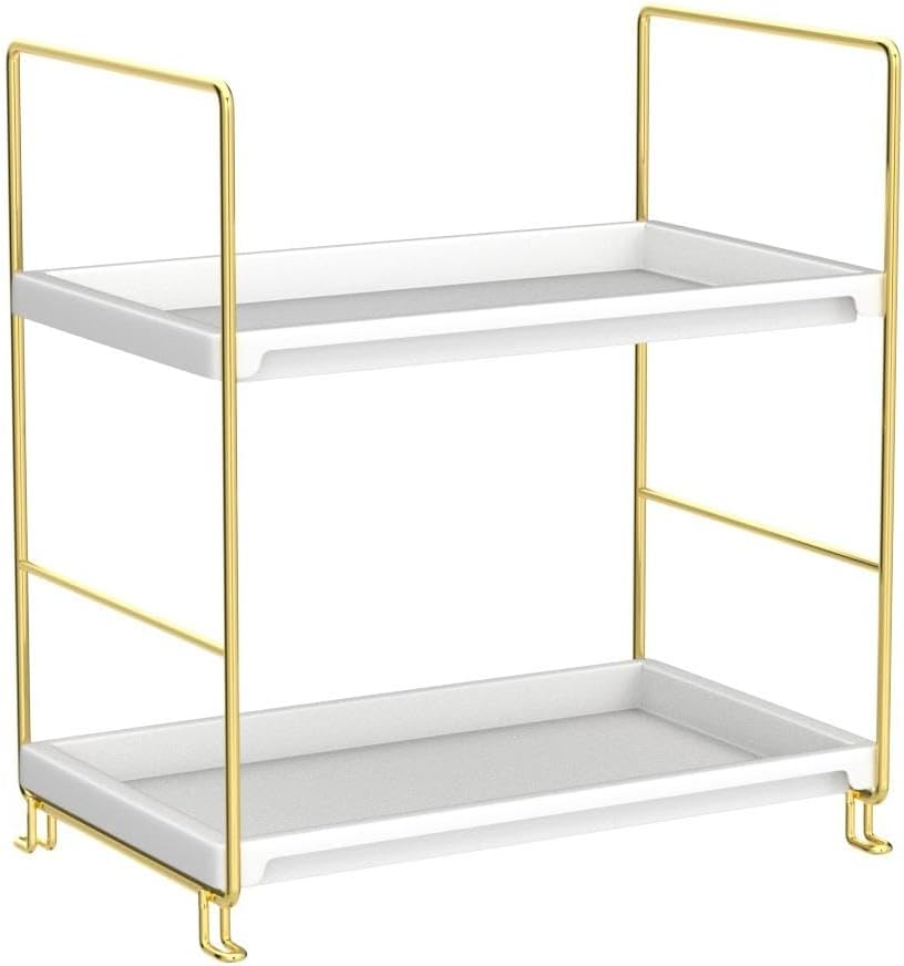 Fsyueyun 2-Tier Makeup Shelf Organizer, Kitchen Spice Rack or Bathroom Countertop Organizer Vanity Bedroom Storage Tray (Gold) - Gold image number 6