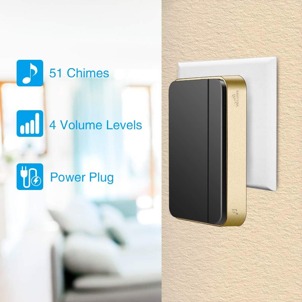 【No Battery Required】 Waterproof Wireless Doorbell, AURTEC Door Chime Kit with 2 Press Self-Powered Transmitter & 1 Plug-In Receivers, 51 Chimes and 4 Volume Levels, Black image number 4