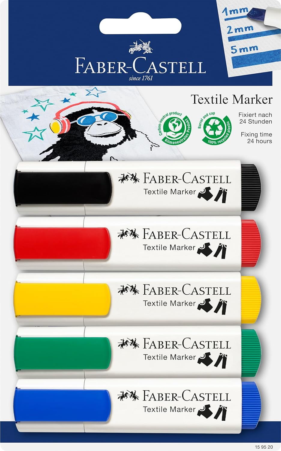 Faber-Castell 159505 Textile Marker 53, Pack of 5, 1 Yellow/Red/Blue/Green/Black