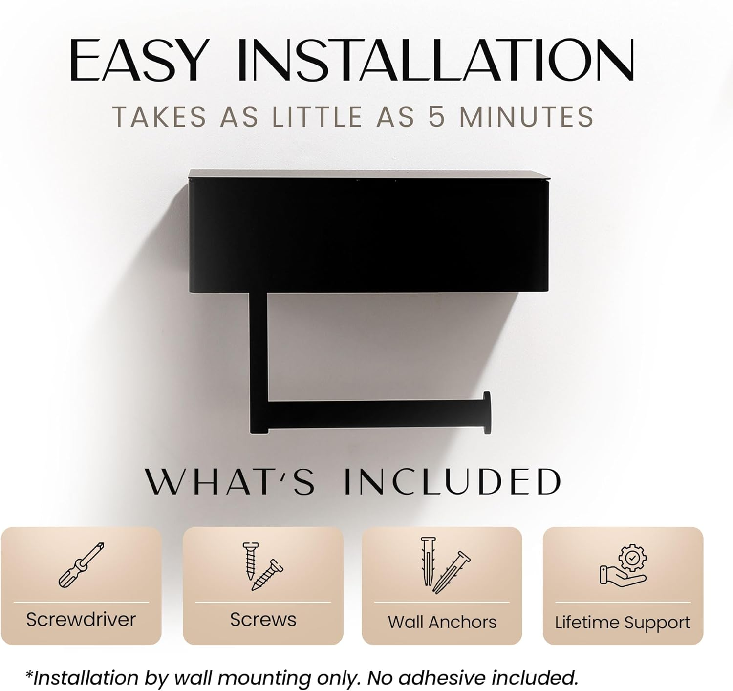 Day Moon Designs Toilet Paper Holder with Shelf - Flushable Wipes Dispenser & Storage Fits Any Bathroom, Keep Your Wet Wipes Hidden - Stainless Steel Wall Mount Bathroom Organizer - Matte Black, Large image number 4