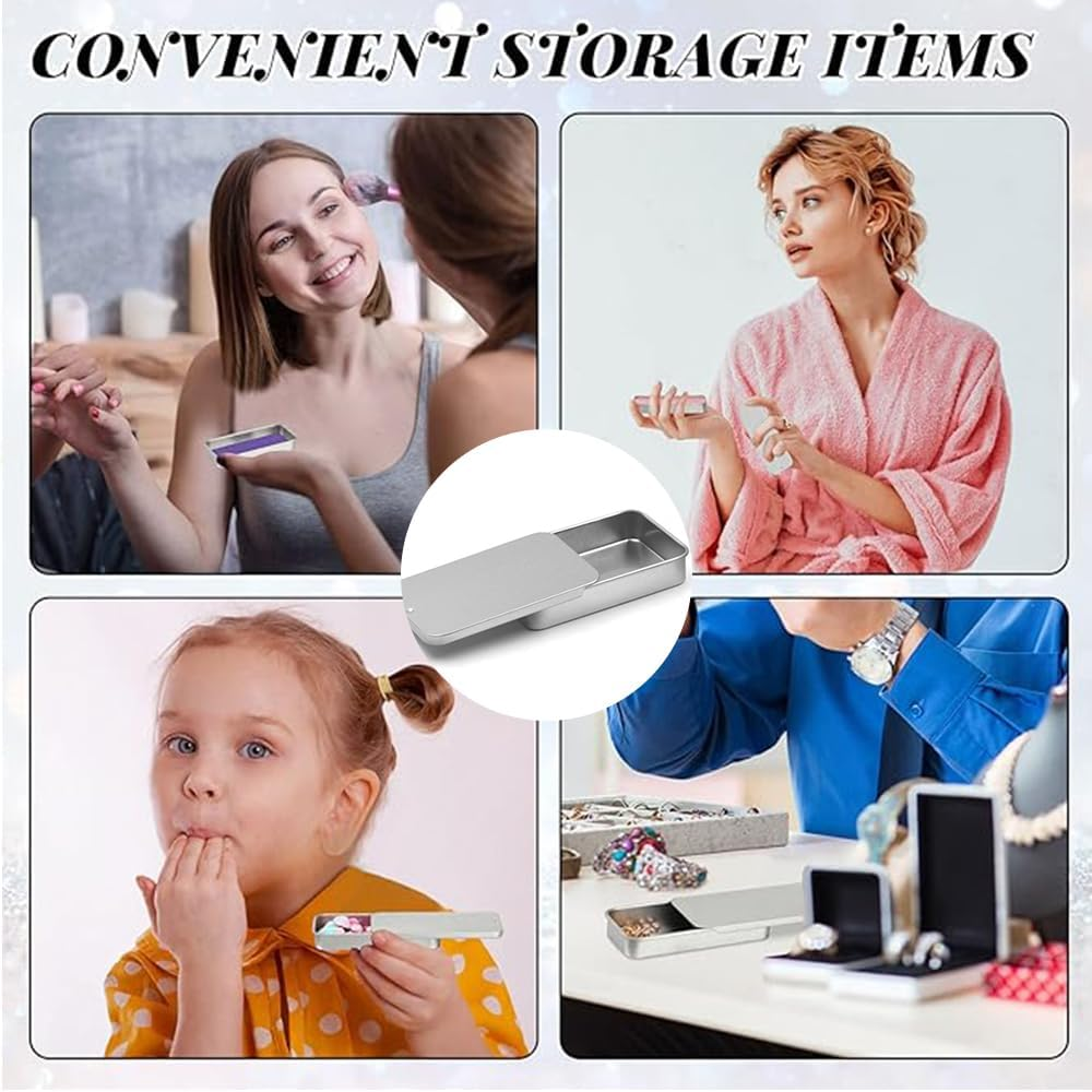 16Pcs Silver Small Slide Top Tin Lip Balm Tins with Lids Rectangular Metal Tins Containers for Lip Balm Candies Jewelry Crafts Storage Kit Pills Storage Kit image number 3