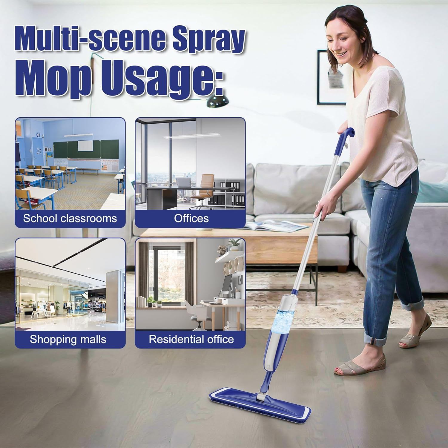 Microfibre Spray Mops for Floor Cleaning - MEXERRIS Floor Mop with Spray 4 X Reusable Washable Pads Dust Wet Dry Mops with 2X 410ML Bottles, Flat Mop for Wood Floor Hardwood Laminate Tiles Flooring image number 2