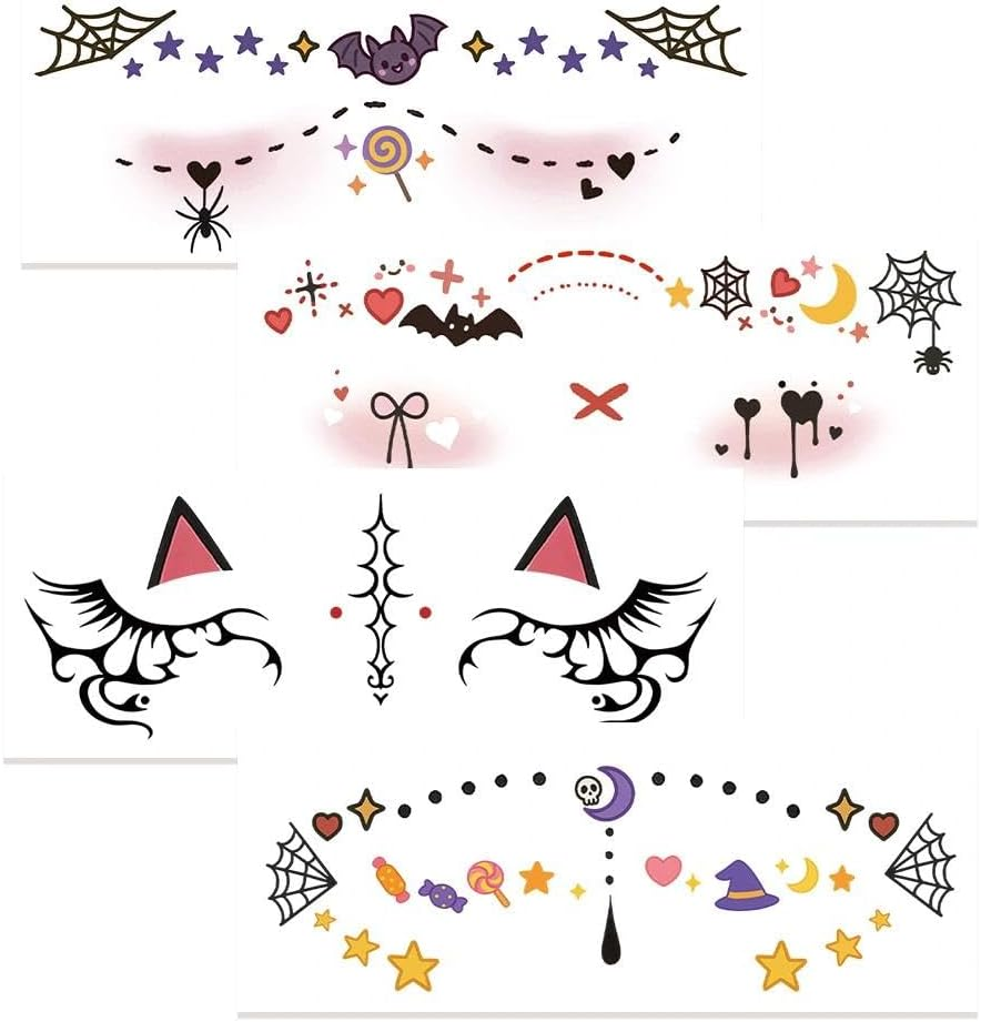 Halloween Face Stickers for Women Girls Cute Bat Skull Spider Pumpkin Temporary Face Tattoos for Day of the Dead Festival Halloween Party Vampire Gothic Masquerade Makeup Decorations 4Pcs