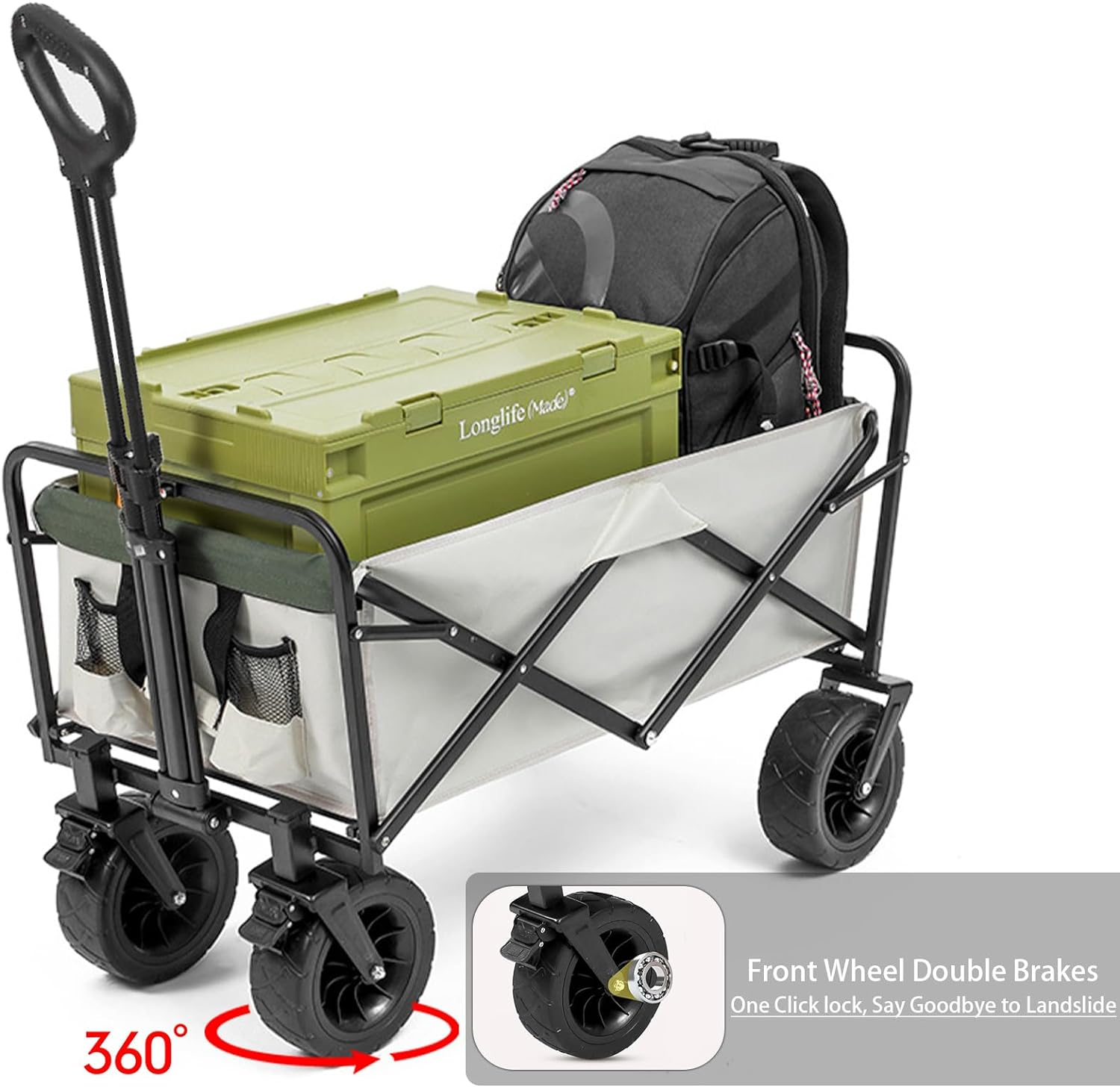 Collapsible Folding Wagon Cart, Portable Large Capacity Garden Cart with Wheels, Heavy Duty Utility Beach Cart Grocery Wagon with Adjustable Handle for Garden, Outdoor, Camping, Shopping image number 6