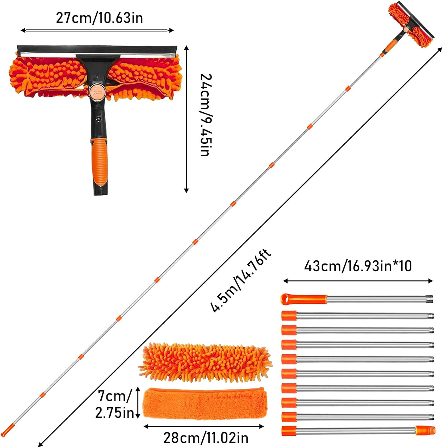 4.5 M Window Cleaner with Telescopic Rod, 2-In-1 Rotating Window Cleaning Tool Set, Window Cleaning Set with Silicone Window Squeegee and Microfibre Window Wiper image number 1