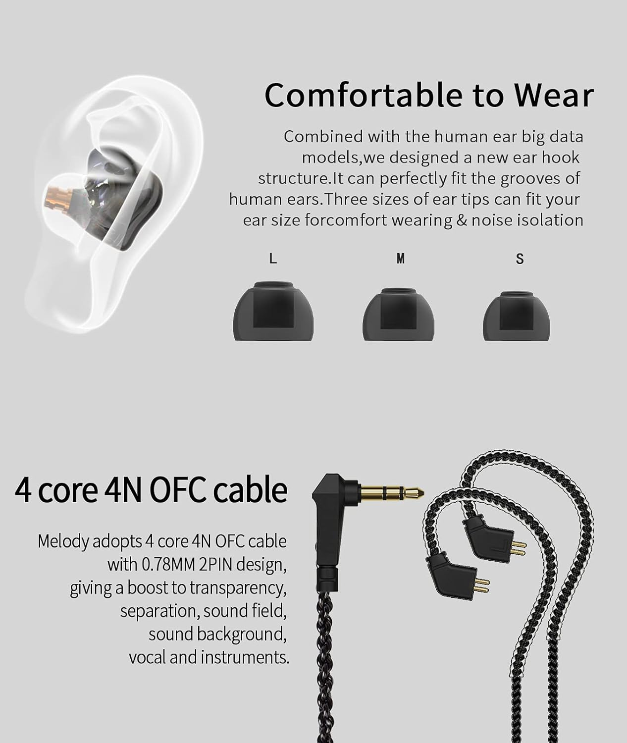 Kinboofi CCZ Melody Wired Headphones, Dynamic Hybrid Dual Driver in Ear Earphones 1BA+1DD Hifi Wired Headphones Musicians IEM Upgrade Deep Bass Suitable for Bass Vocals Pop Folk ACG (With MIC, Black) image number 5