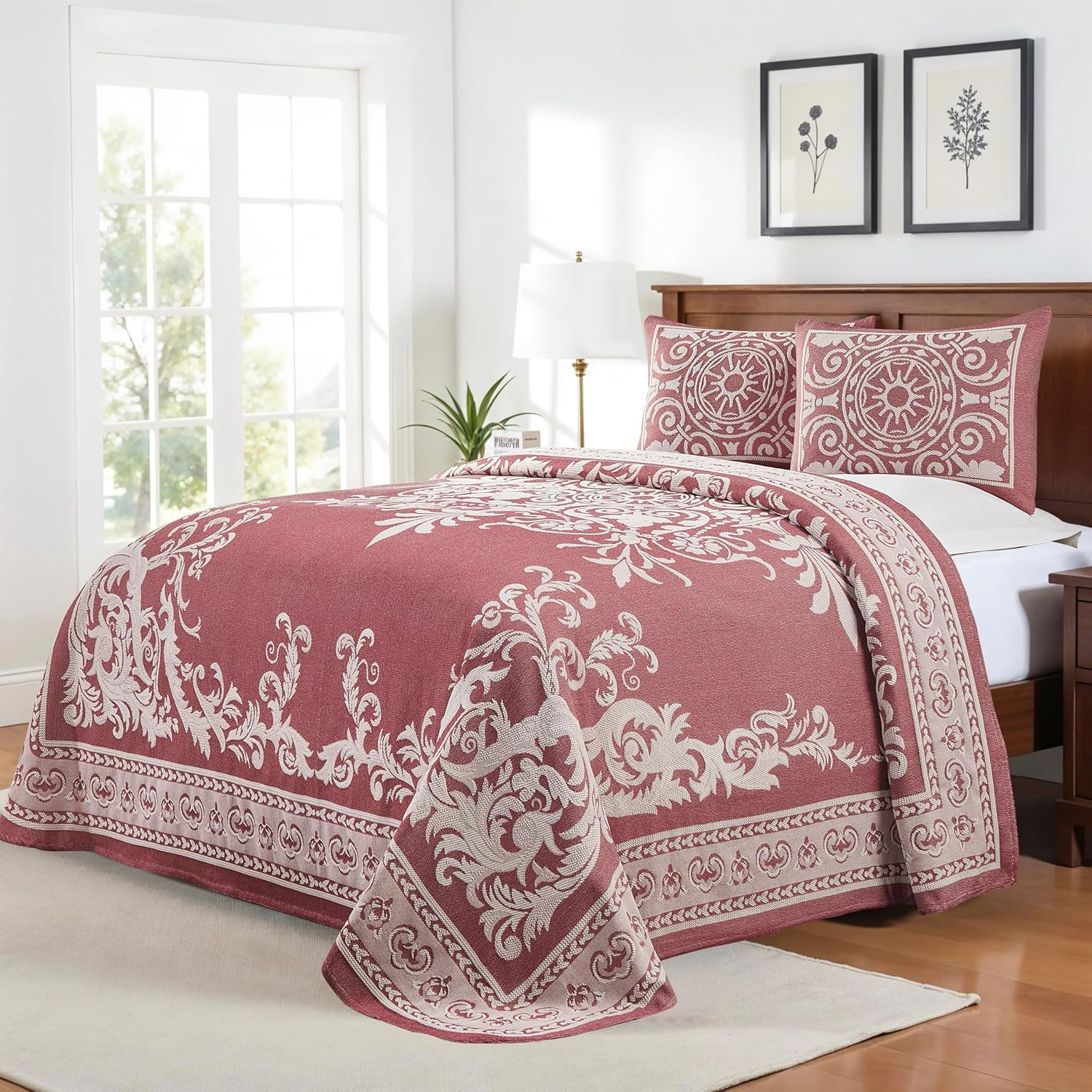 SUPERIOR Cotton-Polyester Blend Jacquard Weave Medallion Textured 2-Piece Bedspread Set, Twin, Berry Red