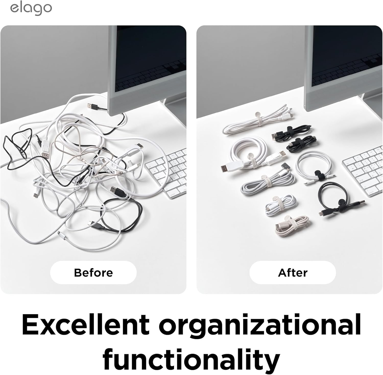 Elago Reusable Magnetic Cable Ties, Premium Silicone, Multipurpose Cord Organiser for Home, Kitchen, Office, Travel [3 Pack] (Stone)