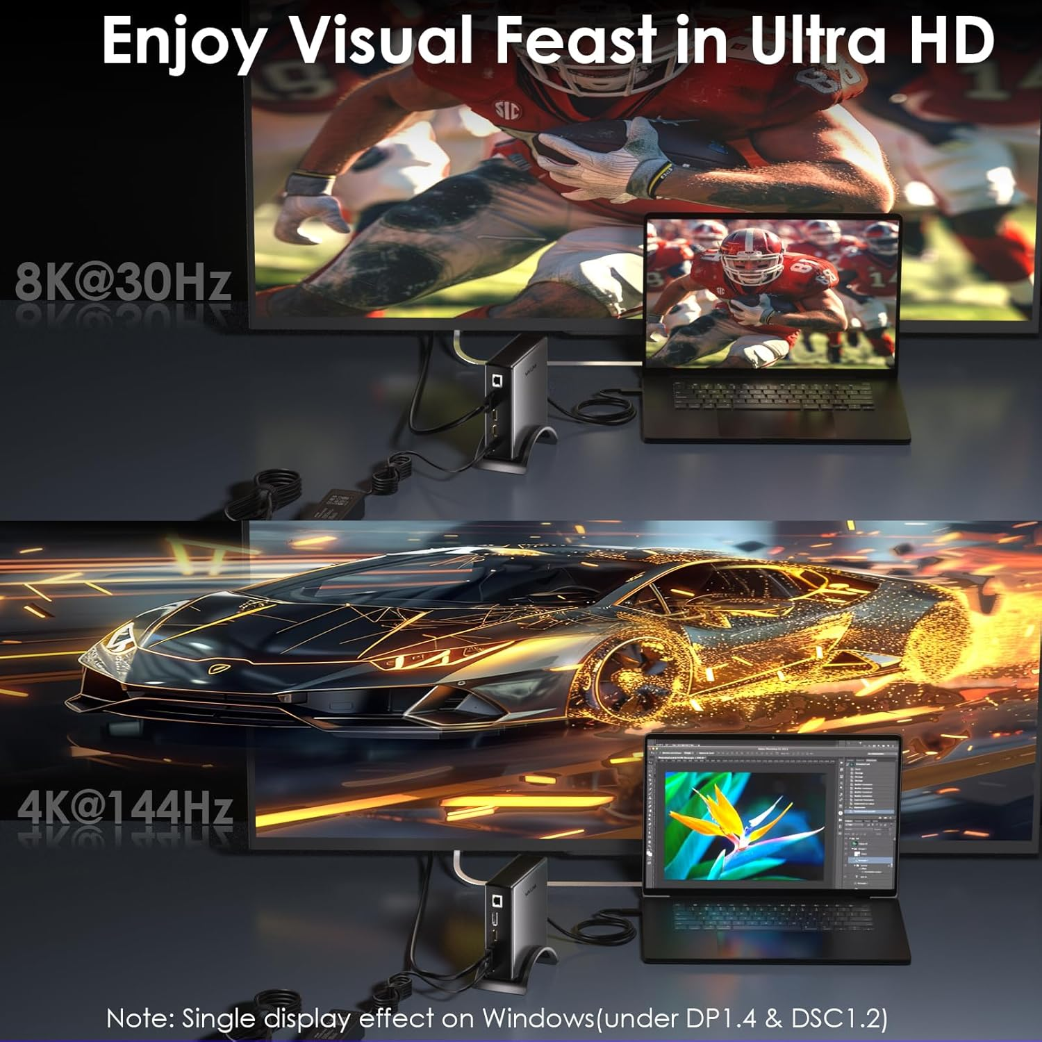 WAVLINK Triple Display Laptop Docking Station, 9-In-1 USB C Display Dock with 140W PD3.1 Charging, 8K HDMI*2 + 8K Displayport Monitor Adapter for M1/M2/M3&Win【Removable Base&Upgraded Version】 image number 4