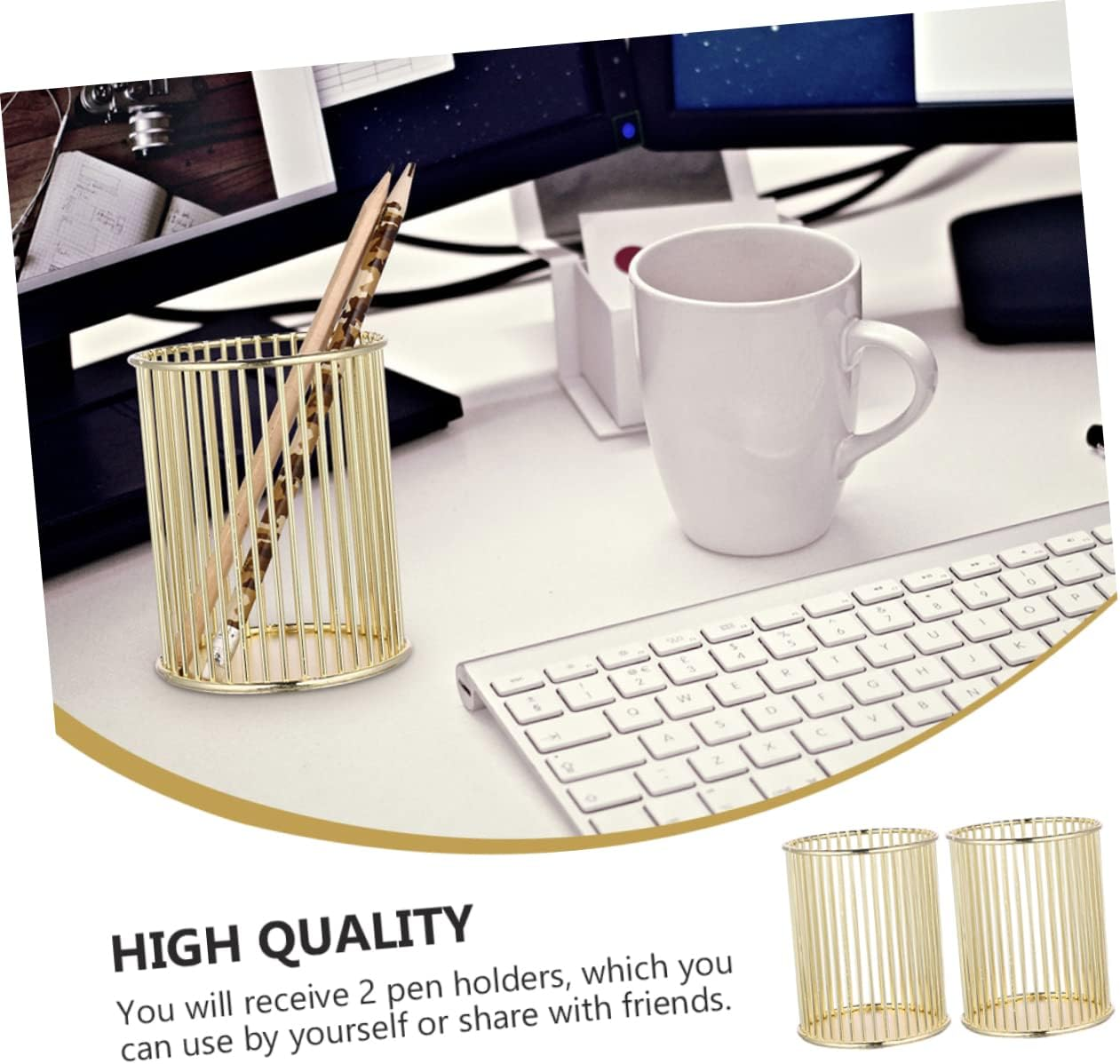 NUOBESTY Metal Pen Holder Set 2Pcs Gold Desktop Organizer Multifunctional Stationery Storage for Office Supplies Creative Brush Container