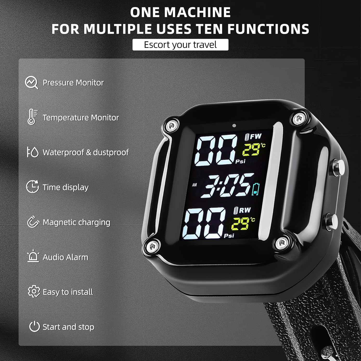 Motorcycle Wireless Tyre Pressure Monitoring System, Motorcycle TPMS with 2 External Sensors, LCD Display, IP67 Waterproof Dustproof, Motorbike Tyre Temperature Alarm, Two-Wheeled Motorcycle TPMS image number 5