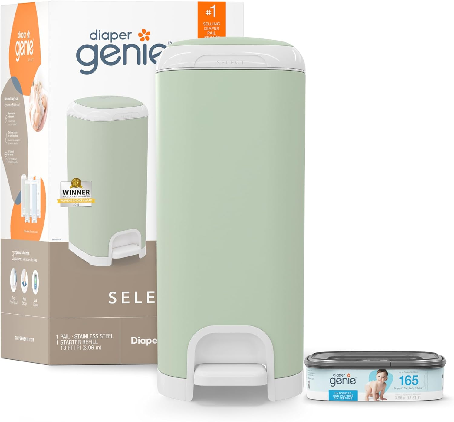 Diaper Genie Select Pail (Green) Is Made of Durable Stainless Steel and Includes 1 Starter Square Refill That Can Hold up to 165 Newborn-Sized Diapers.